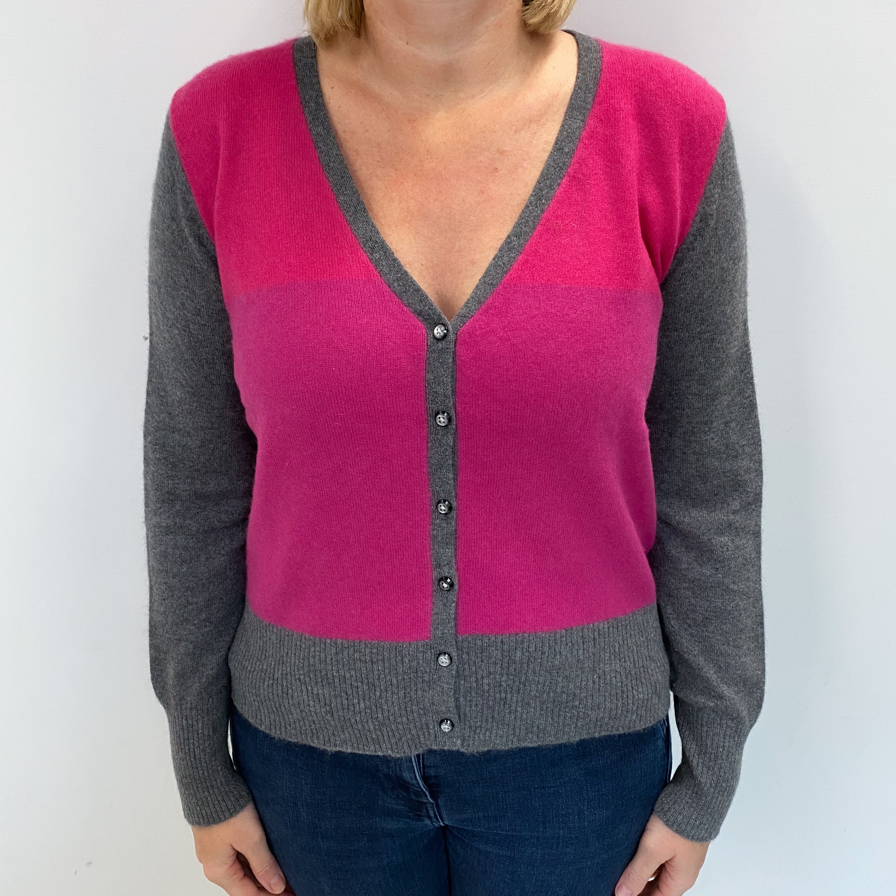 Ash Grey And Pink Colour Block Cashmere V Neck Cardigan Large