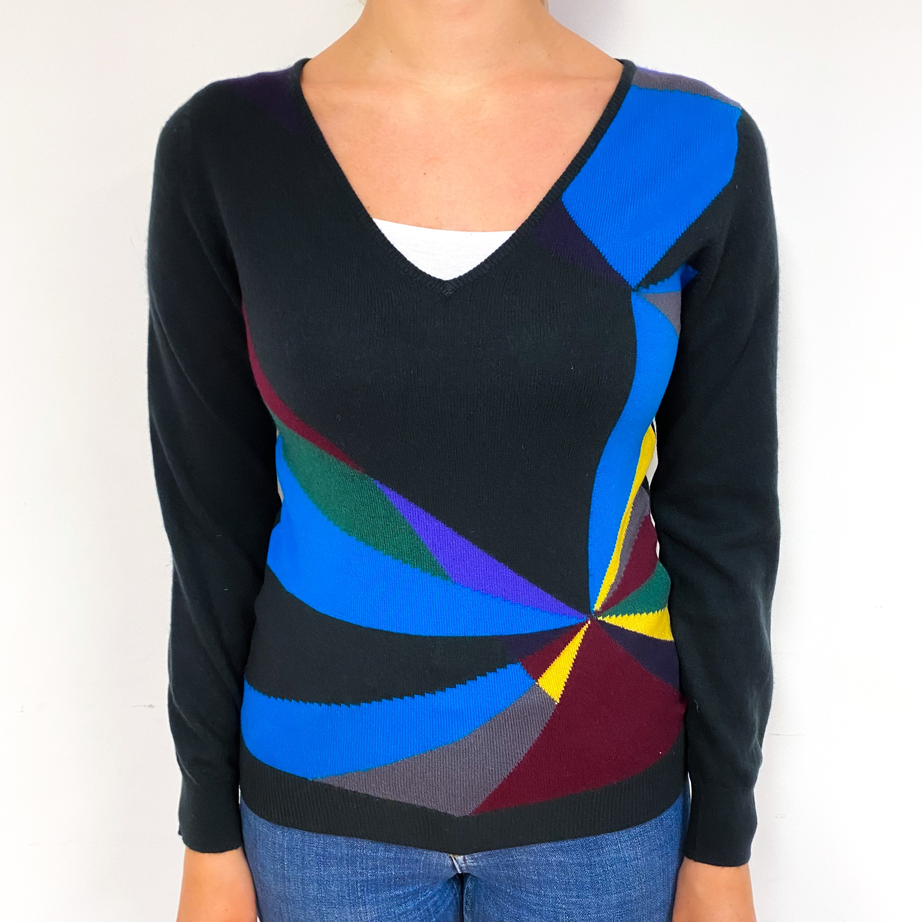 Scottish Dark Green Geometric Design Cashmere V-Neck Jumper Small