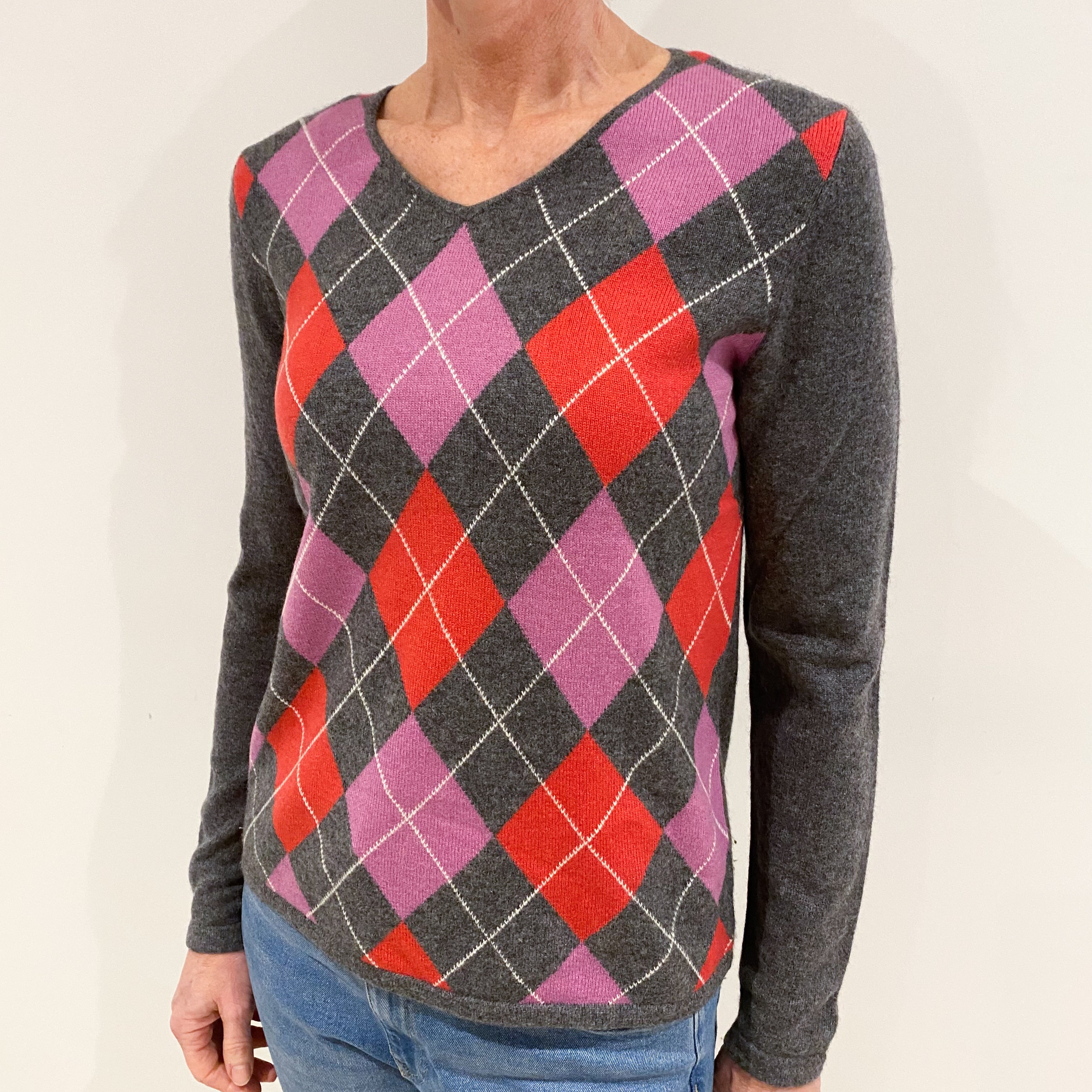 Slate Grey and Pink Diamond Cashmere V Neck Jumper Small