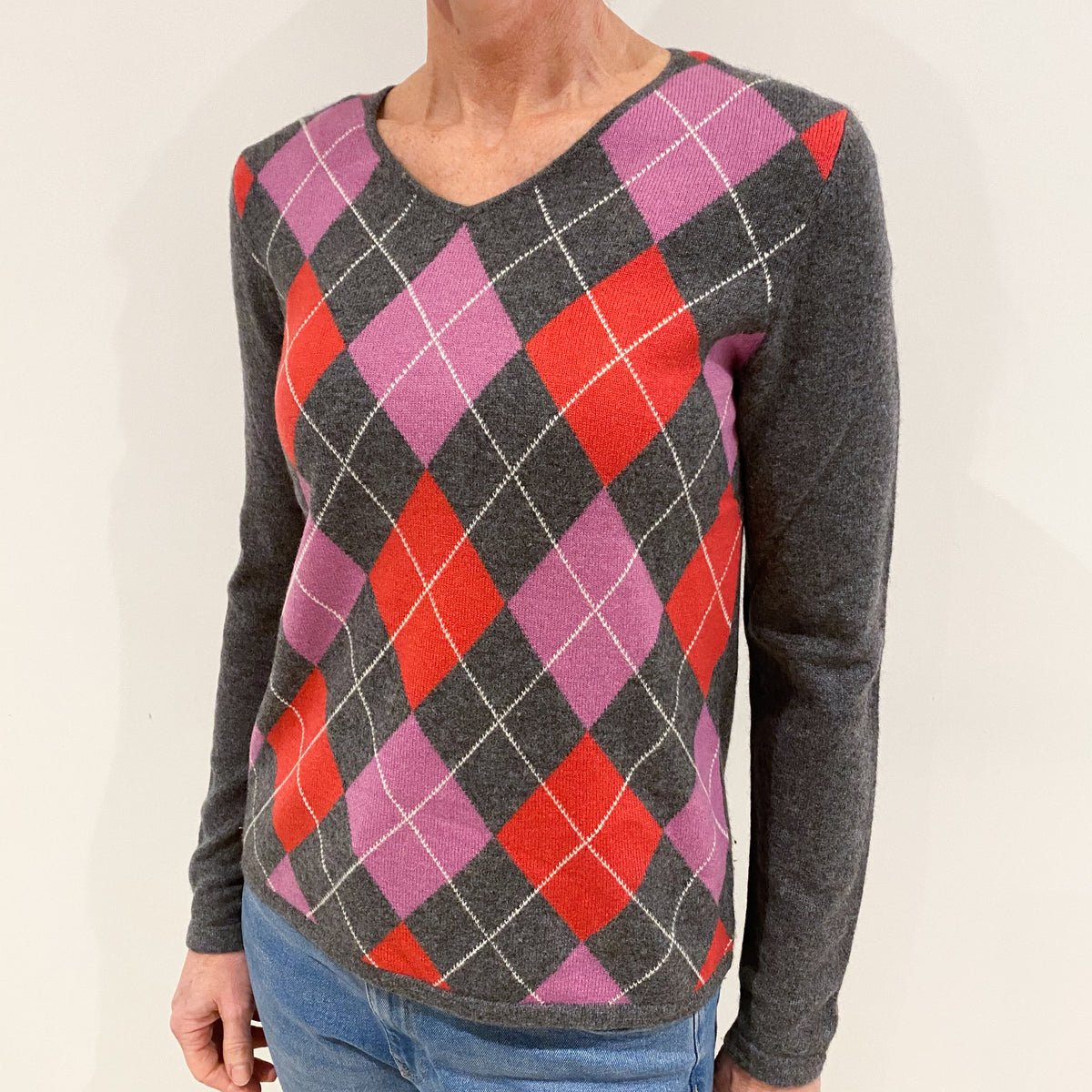 Slate Grey and Pink Diamond Cashmere V Neck Jumper Small
