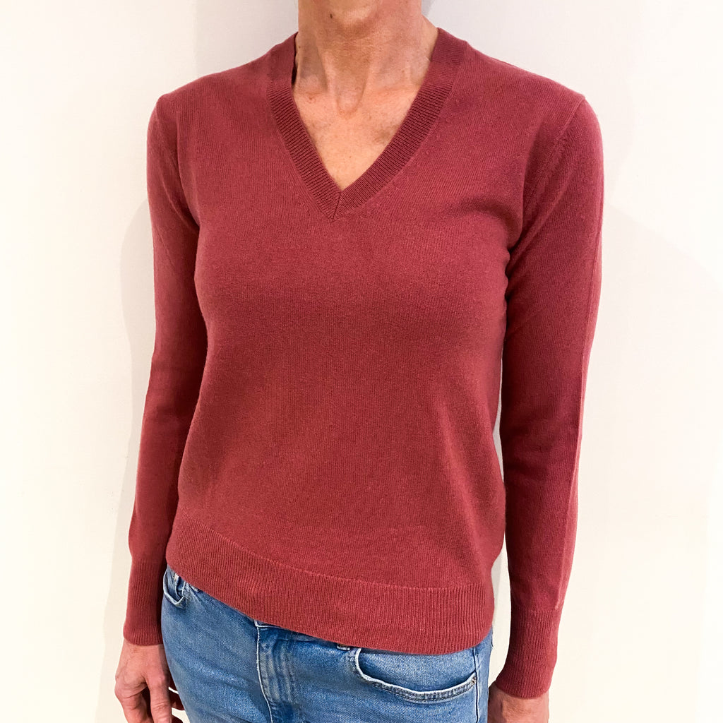 Old Rose Pink Cashmere V Neck Jumper Small