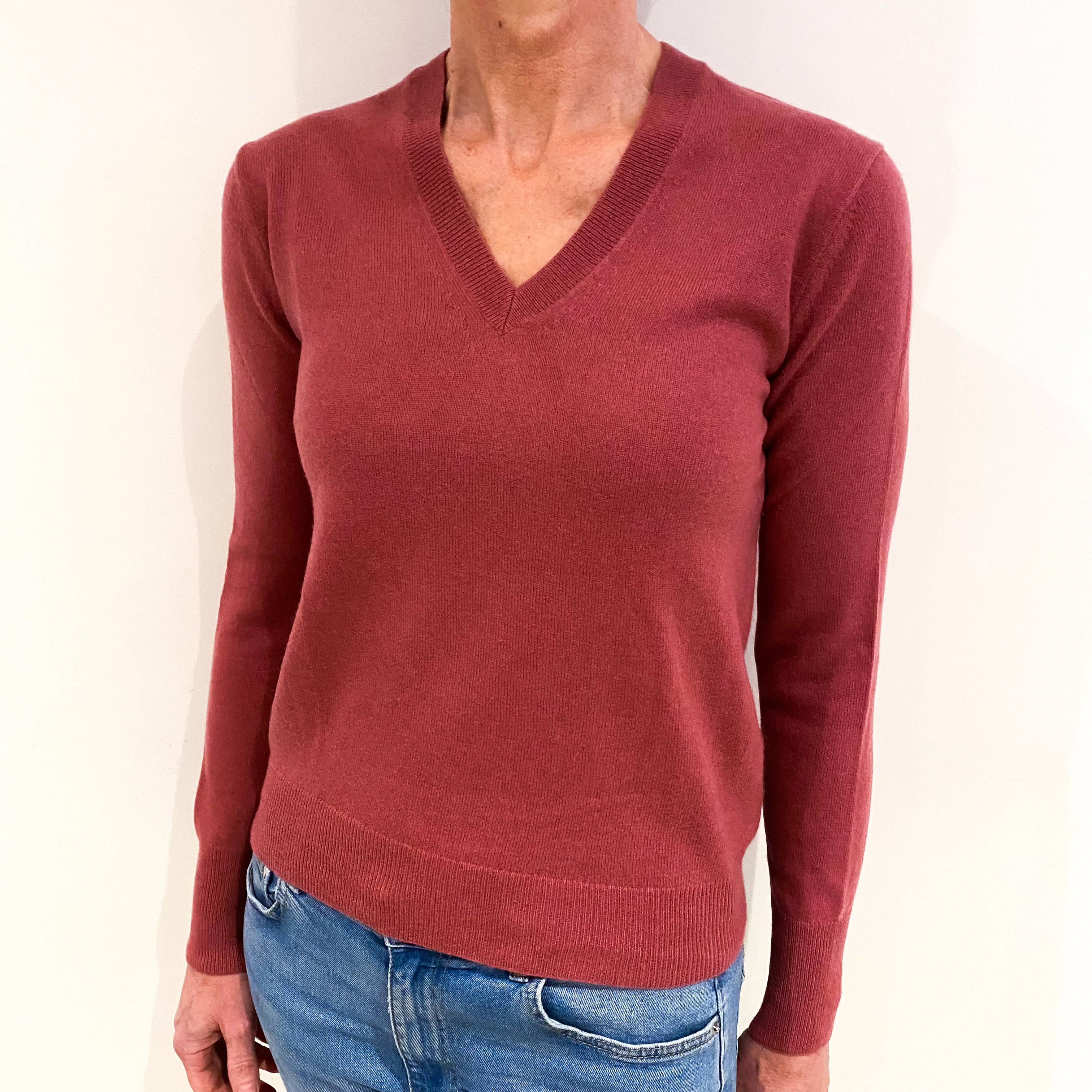 Old Rose Pink Cashmere V Neck Jumper Small