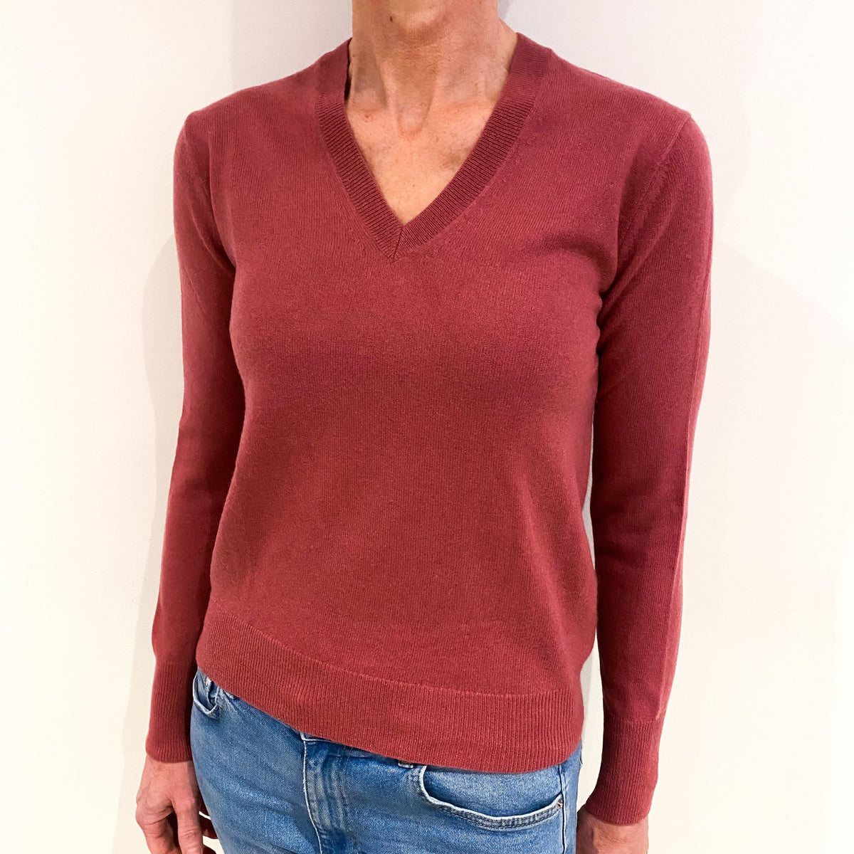 Old Rose Pink Cashmere V Neck Jumper Small