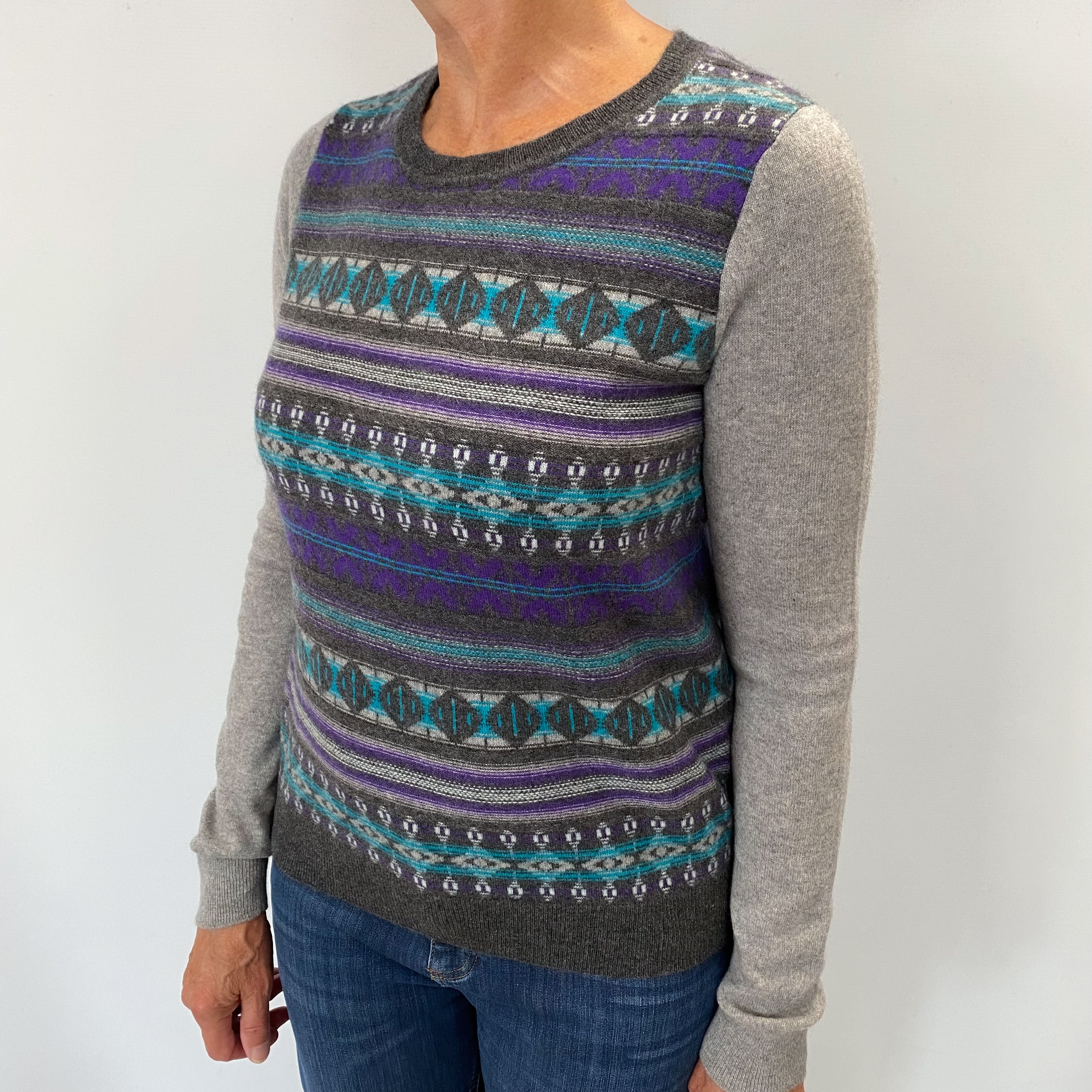 Grey Teal and Purple. Fair Isle Cashmere Crew Neck Jumper Medium