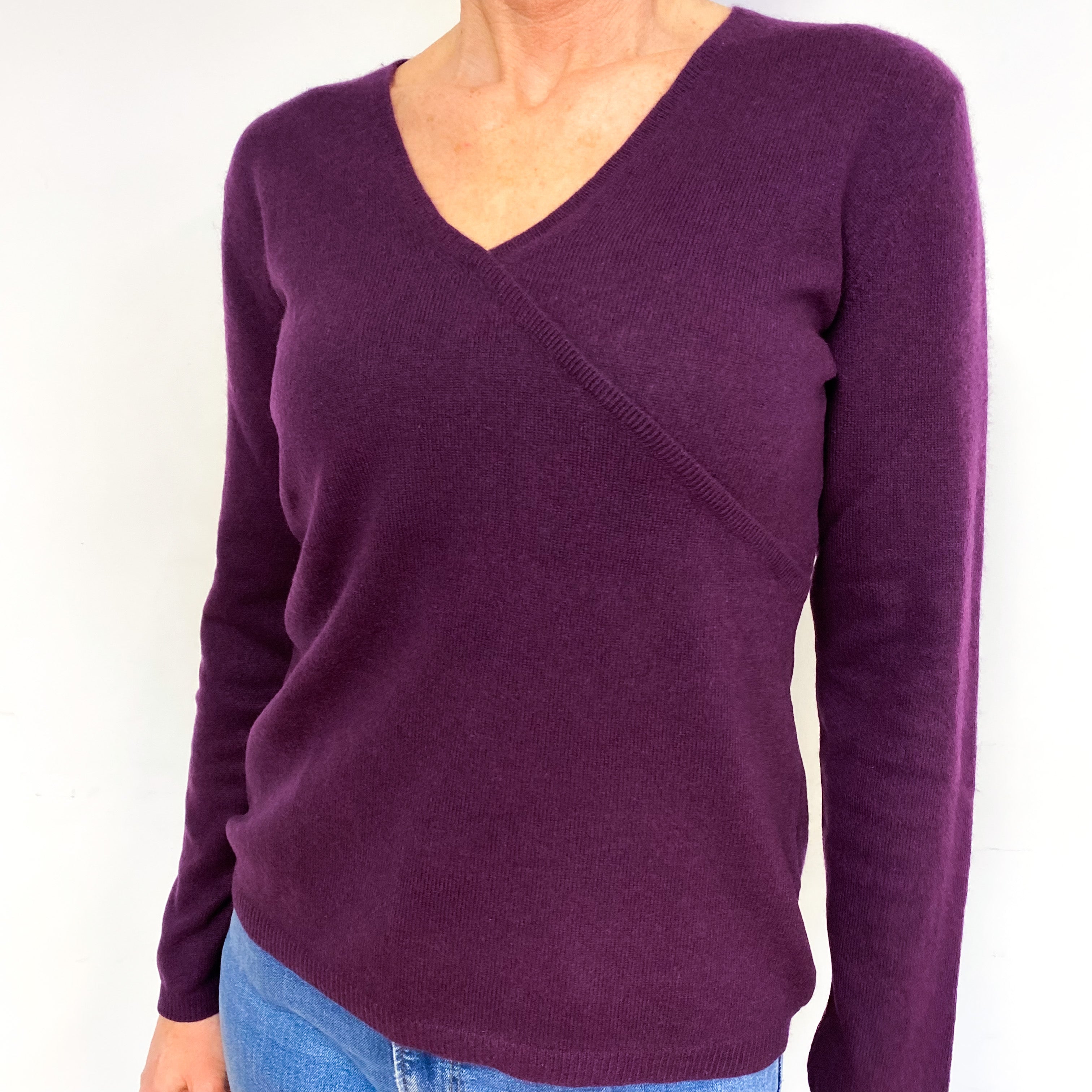 Aubergine Purple Cashmere V-Neck Jumper Medium