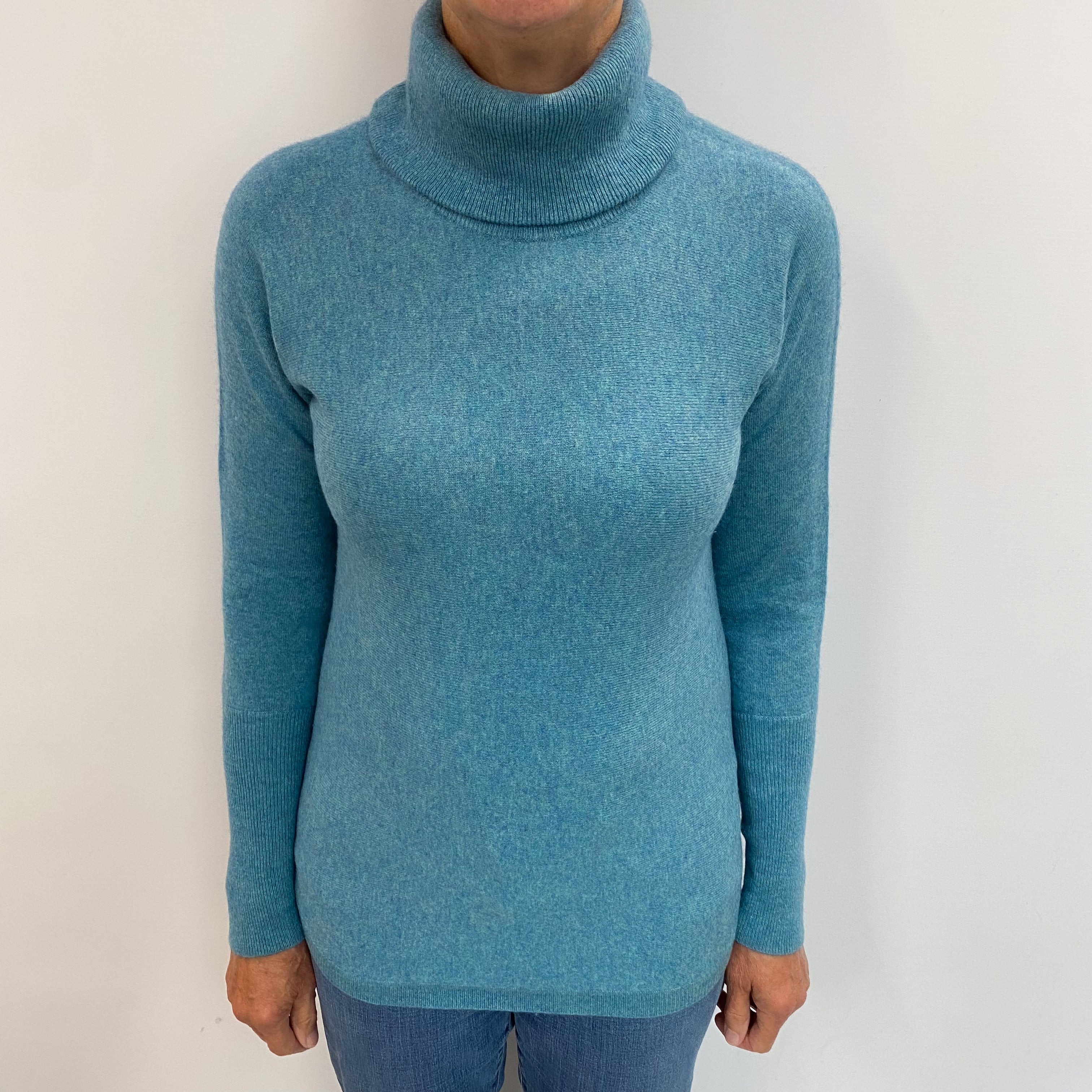 Aqua Blue Marl Cashmere Polo Neck Jumper Medium