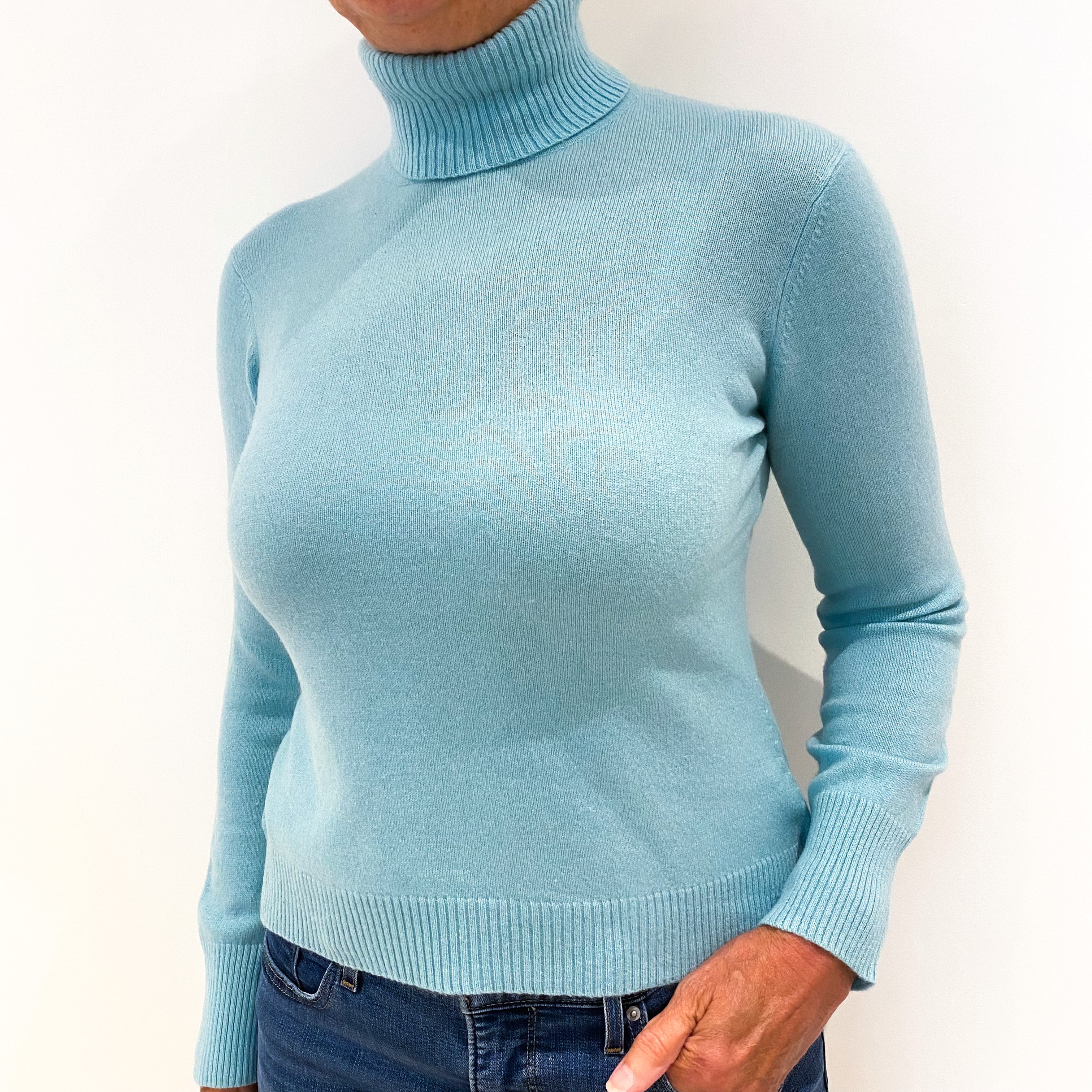 Pale Aqua Blue Cashmere Polo Neck Jumper Medium