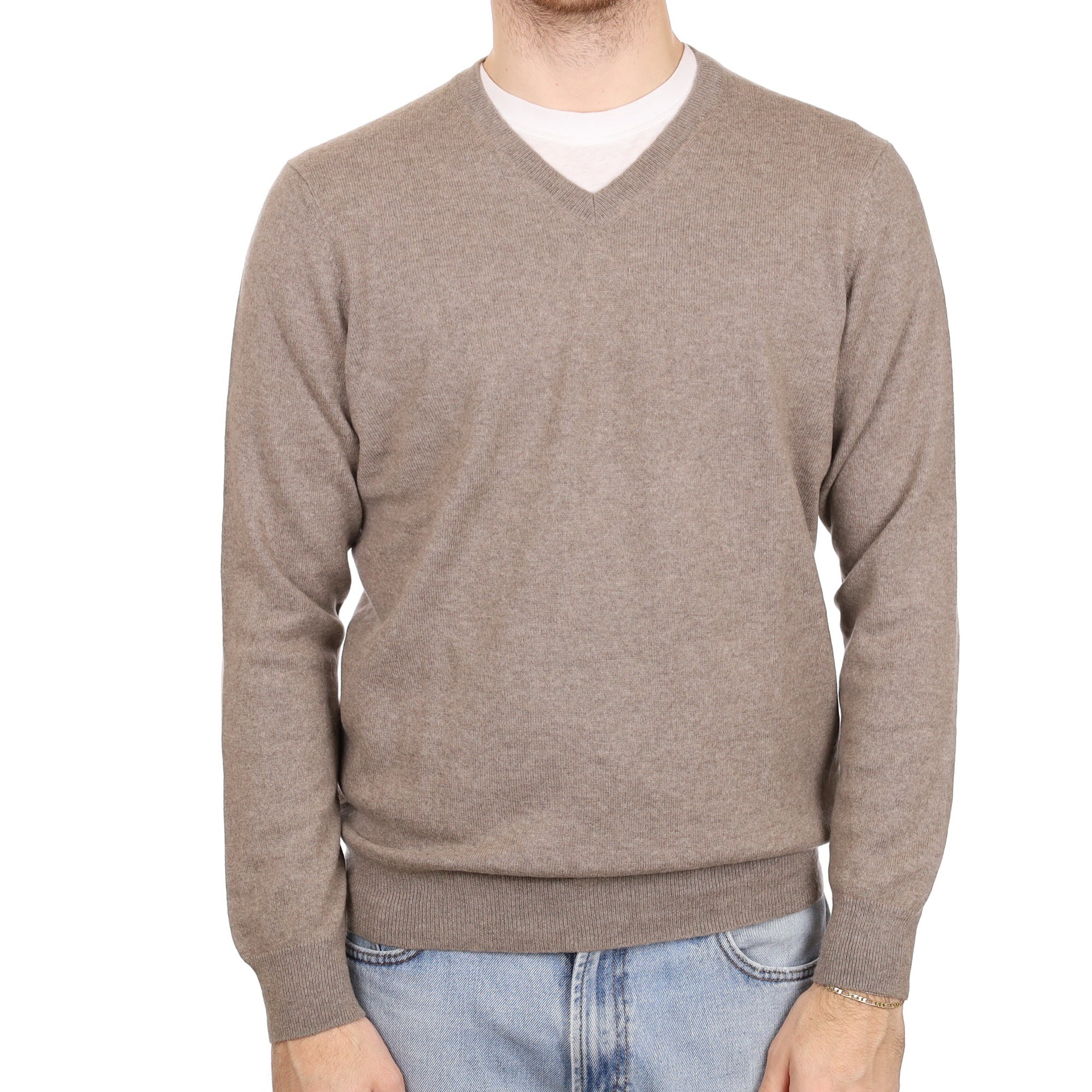 Men's Taupe Brown Cashmere V Neck Jumper Large
