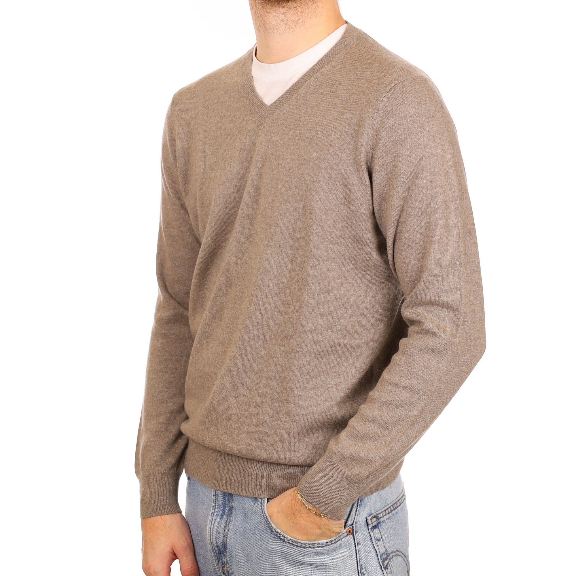 Men's Taupe Brown Cashmere V Neck Jumper Large