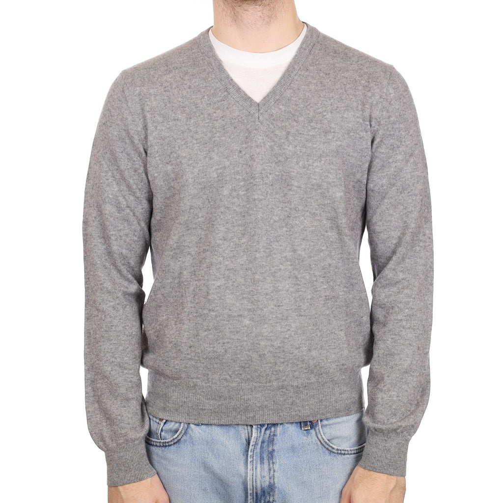 Men's Ash Grey Cashmere V Neck Jumper Large