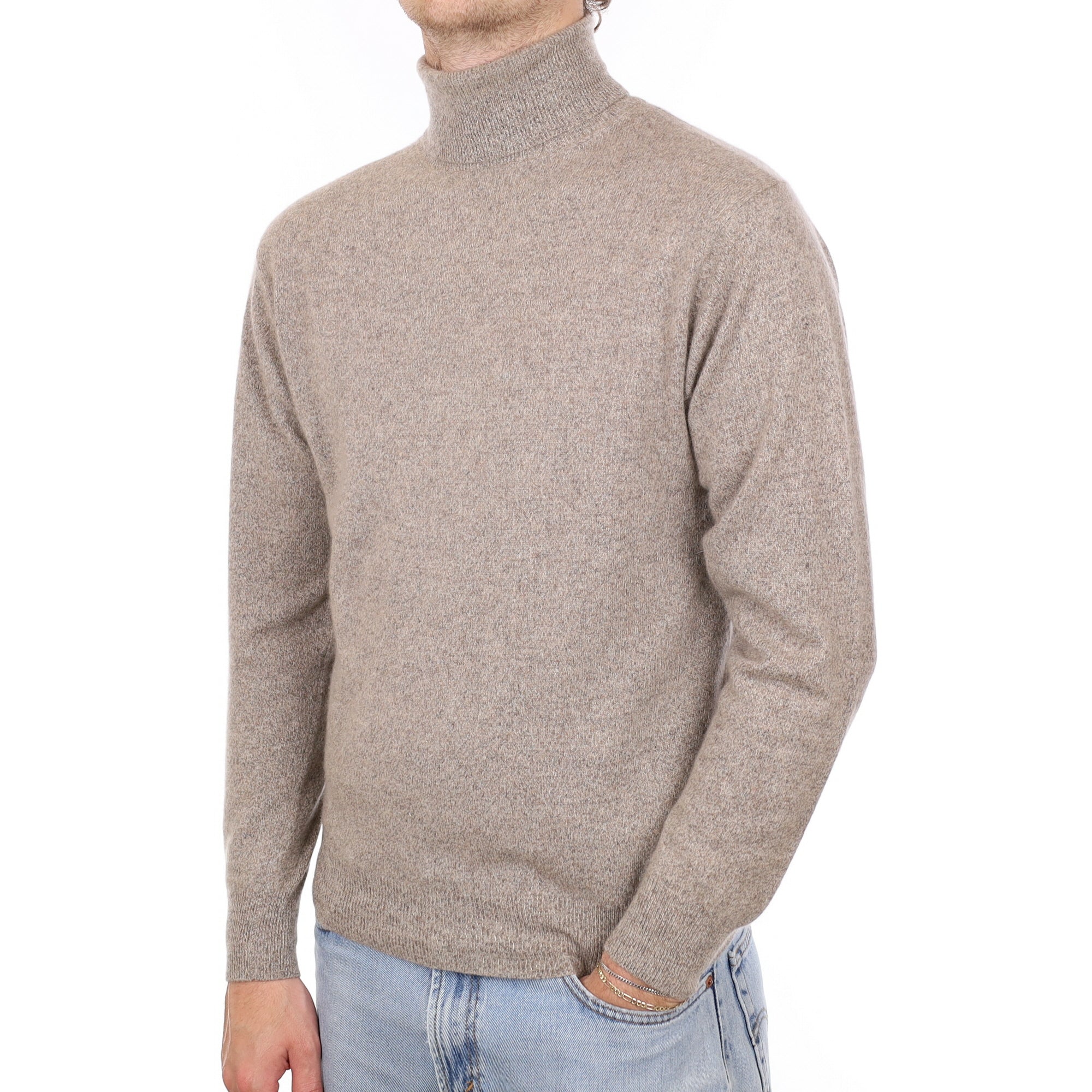 Men's Taupe Brown Cashmere Polo Neck Jumper Medium