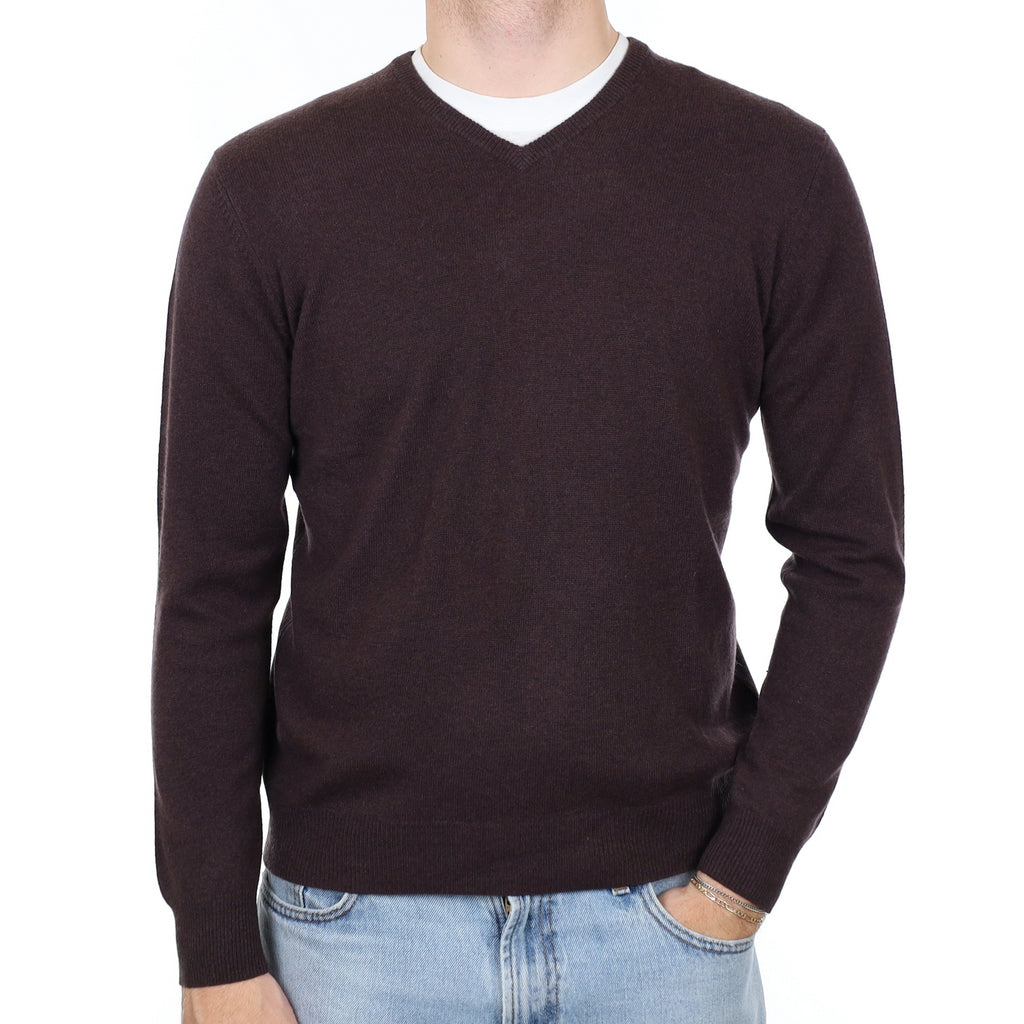Men's Peppercorn Brown Cashmere V Neck Jumper Medium