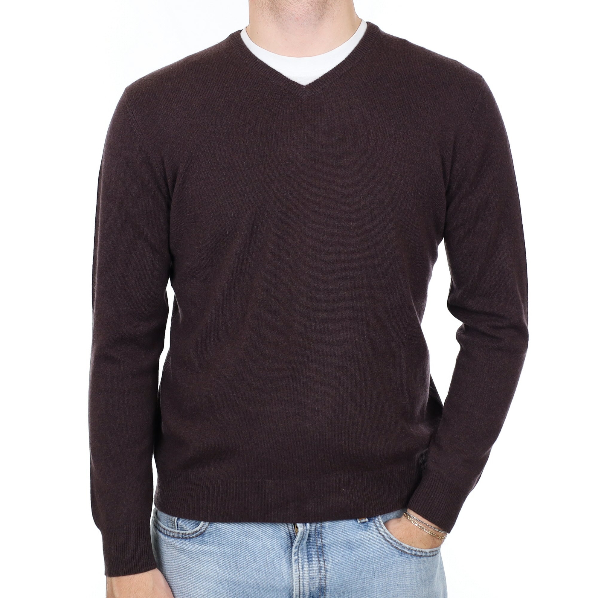 Men's Peppercorn Brown Cashmere V Neck Jumper Medium