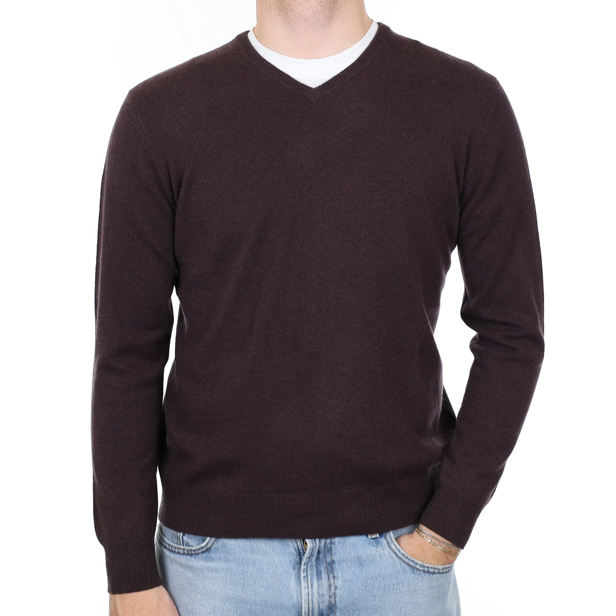 Men's Peppercorn Brown Cashmere V Neck Jumper Medium