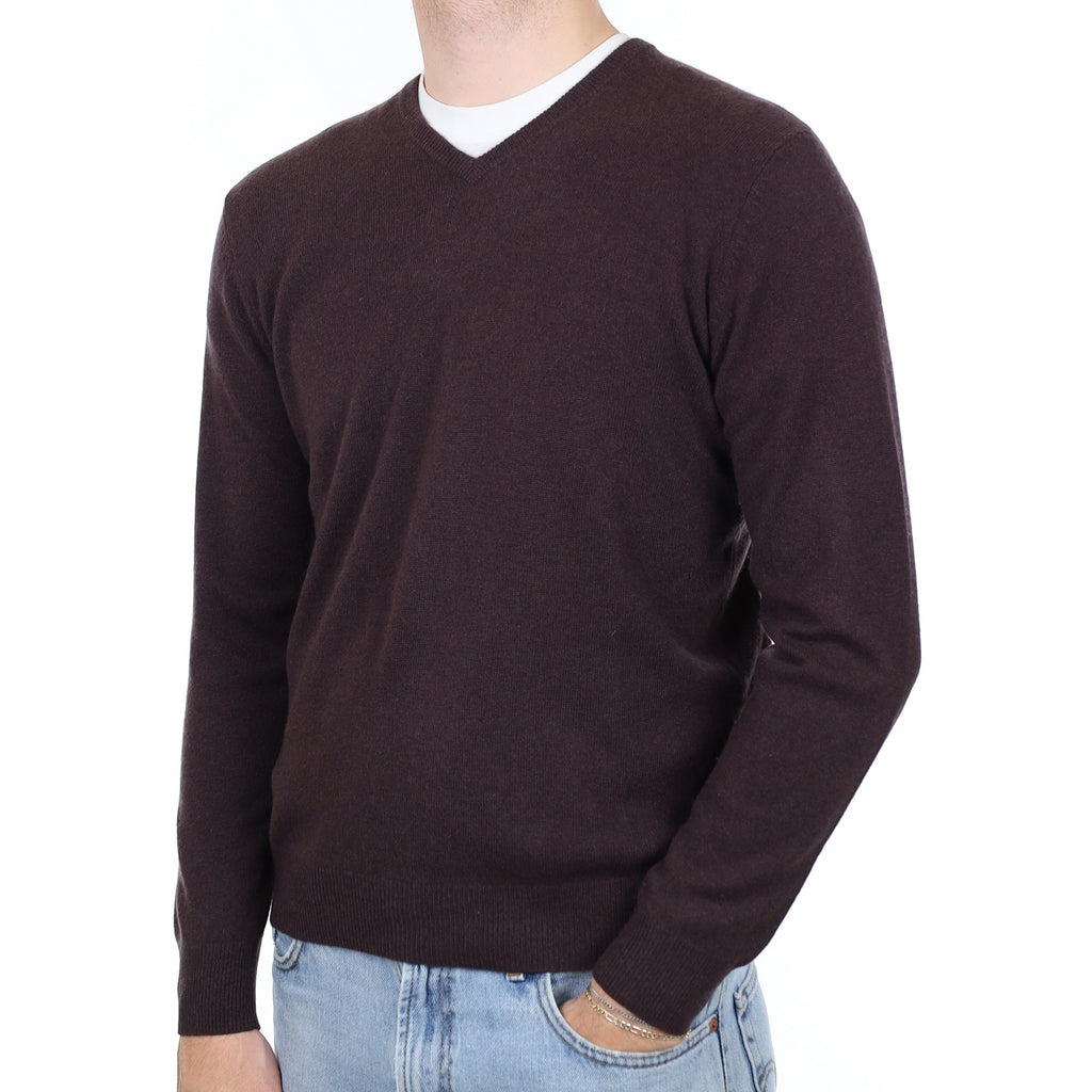 Men's Peppercorn Brown Cashmere V Neck Jumper Medium