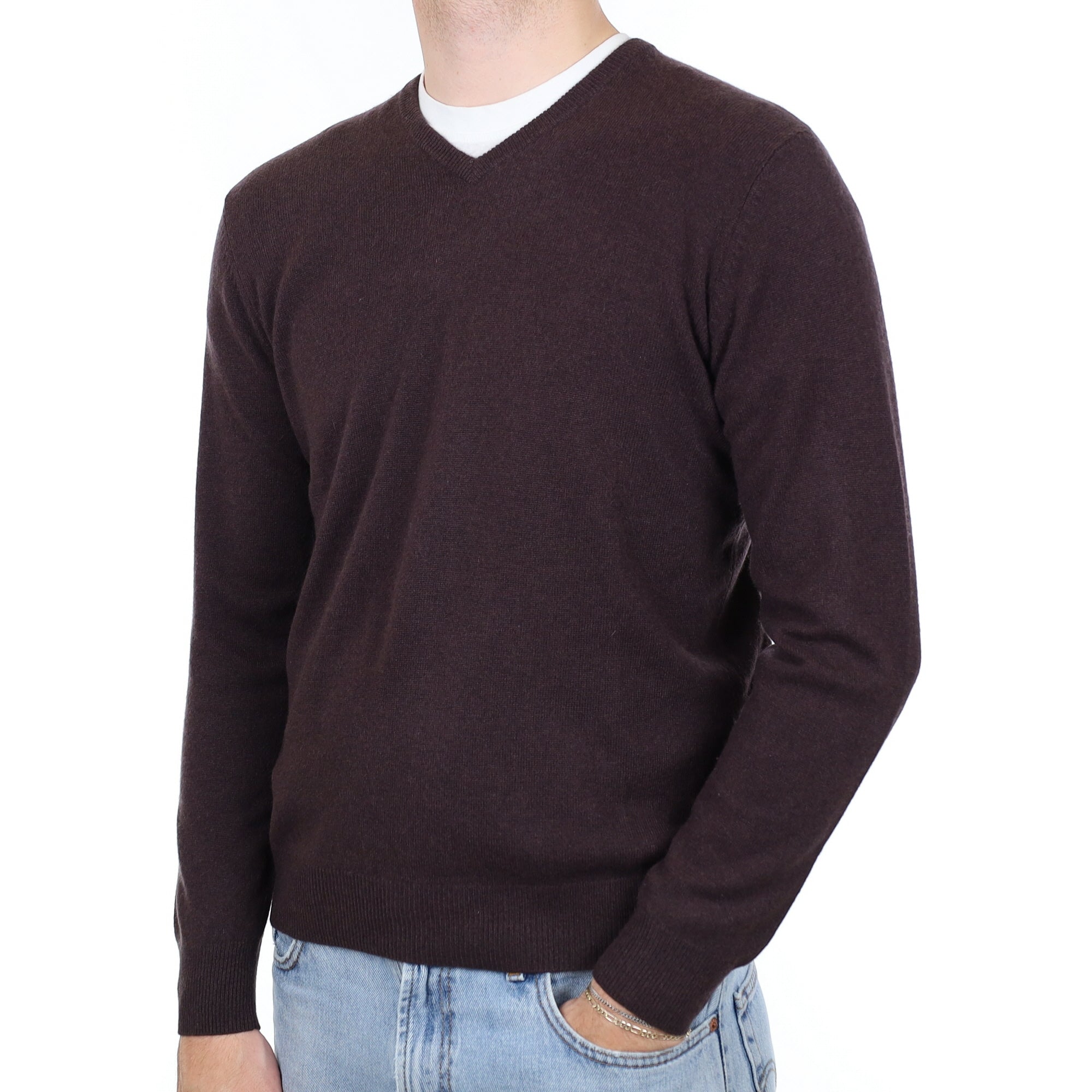 Men's Peppercorn Brown Cashmere V Neck Jumper Medium