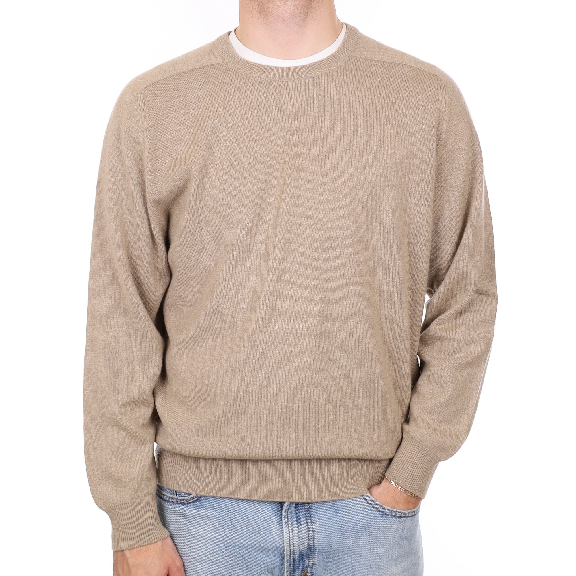 Men's Fawn Brown Cashmere Crew Neck Jumper Large