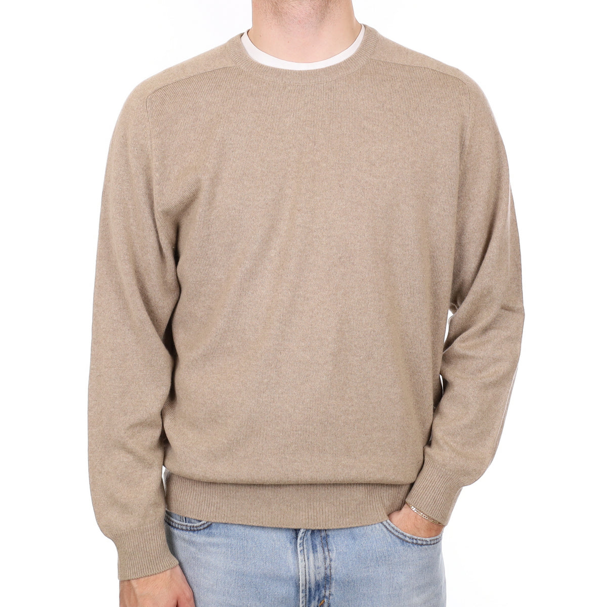 Men's Fawn Brown Cashmere Crew Neck Jumper Large