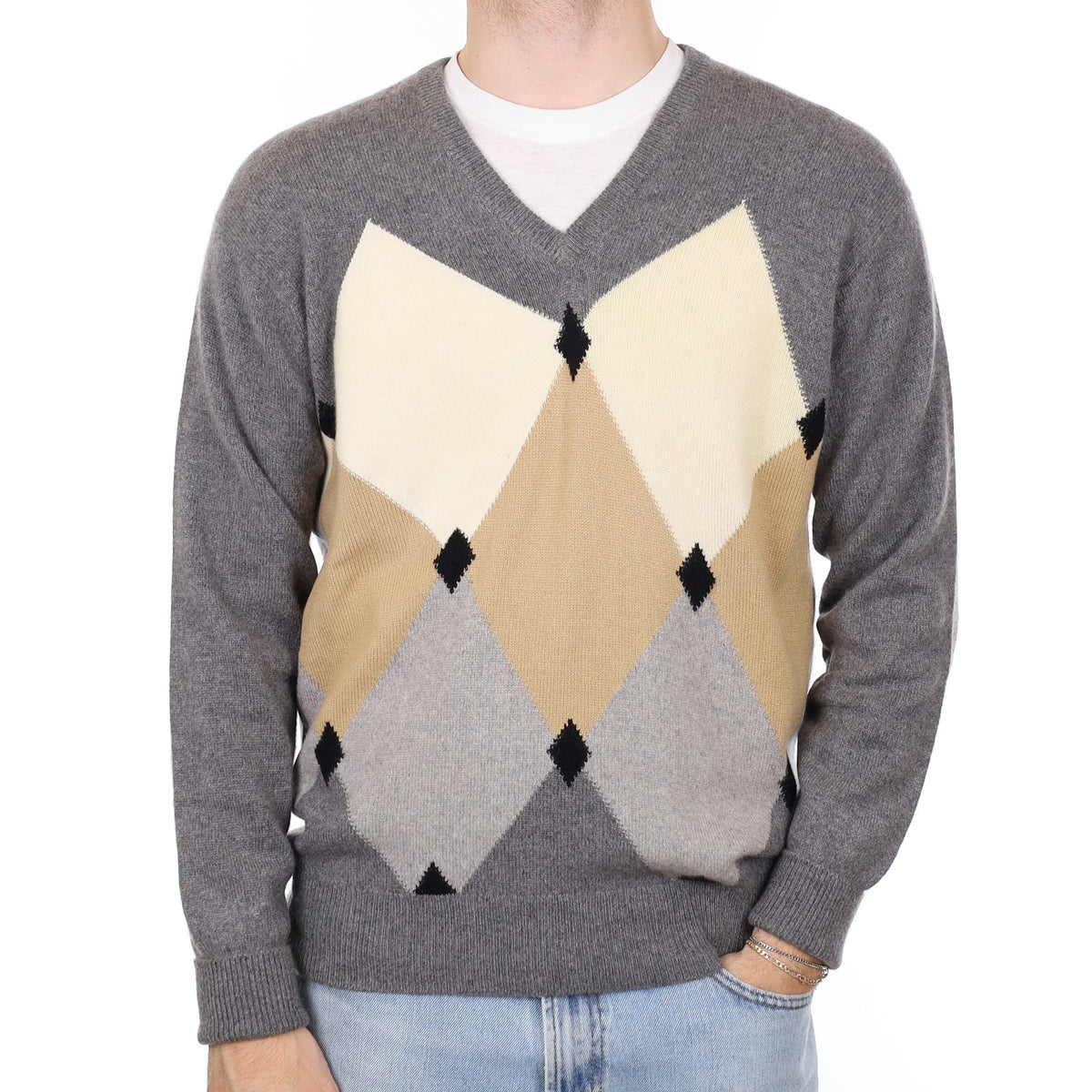 Men’s Neutral Diamond Heavy Knit V Neck Jumper Large