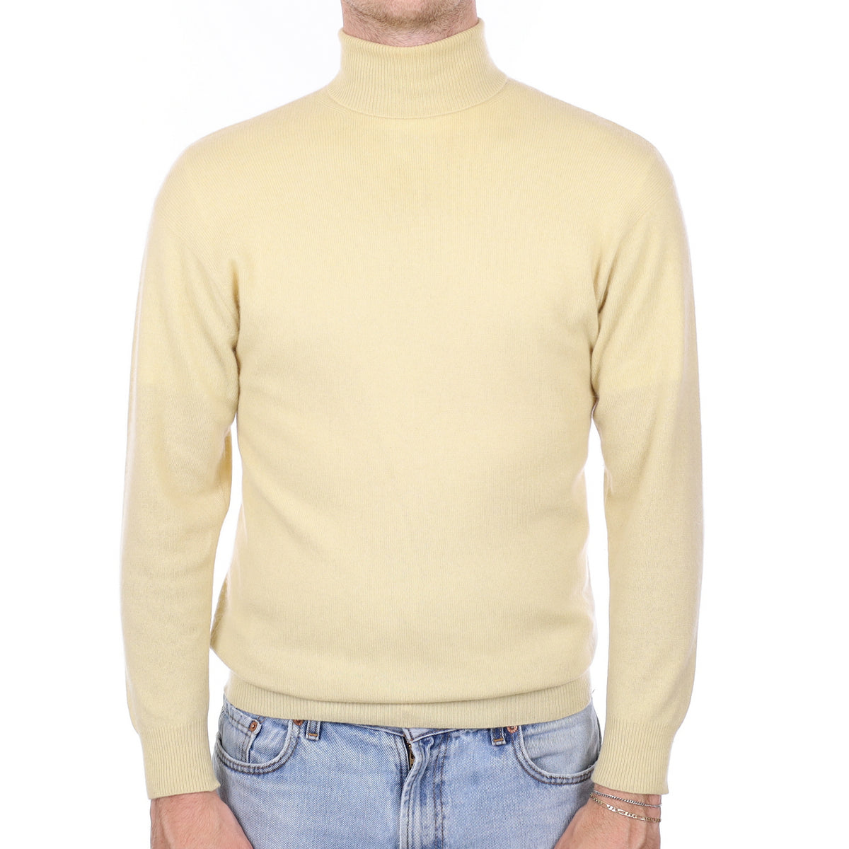 Men's Buttermilk Yellow Cashmere Polo Neck Jumper Large