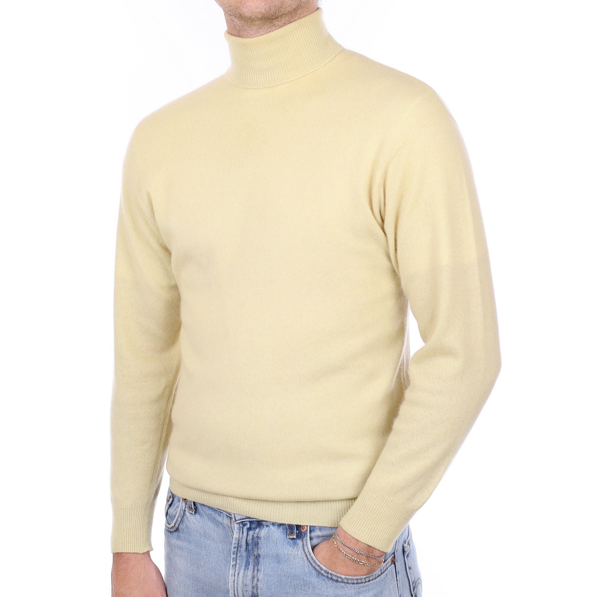 Men's Buttermilk Yellow Cashmere Polo Neck Jumper Large