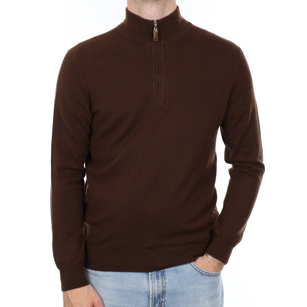 Men's Chocolate Brown Cashmere Quarter Zip Jumper Medium
