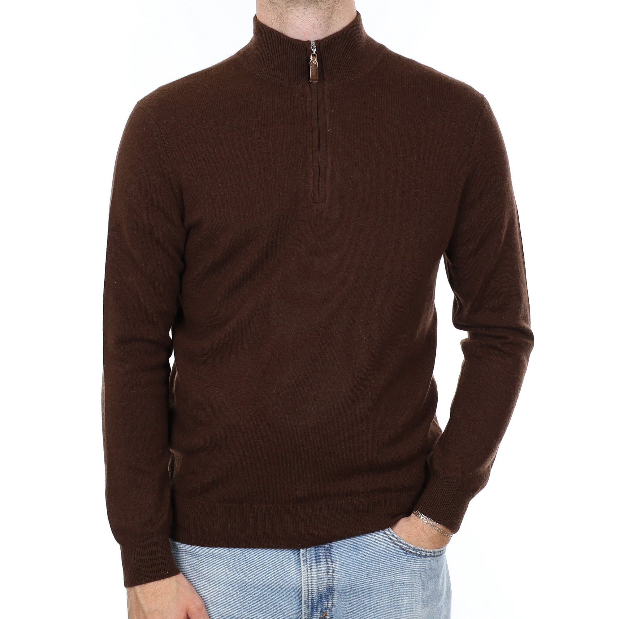 Men's Chocolate Brown Cashmere Quarter Zip Jumper Medium