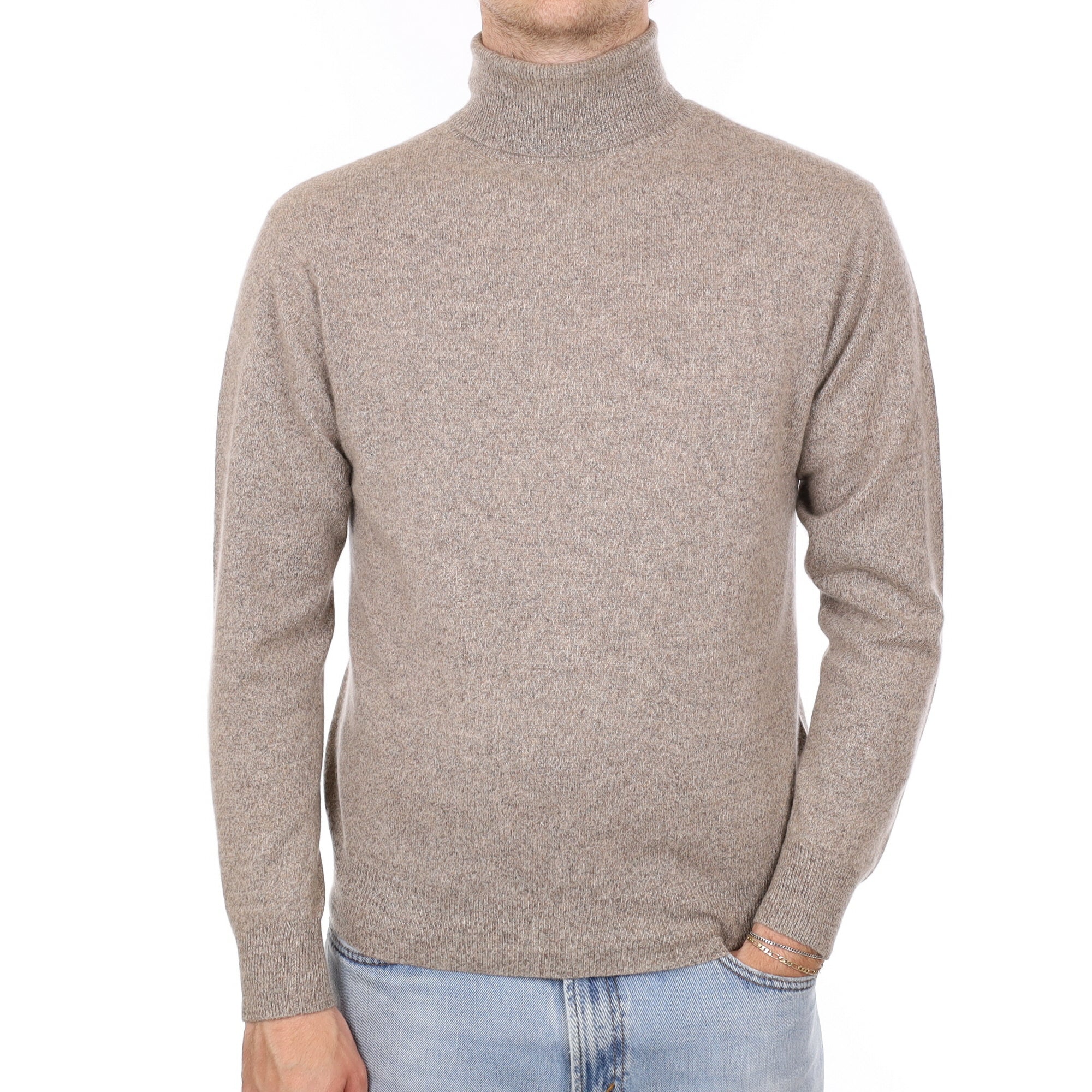 Men's Taupe Brown Cashmere Polo Neck Jumper Medium