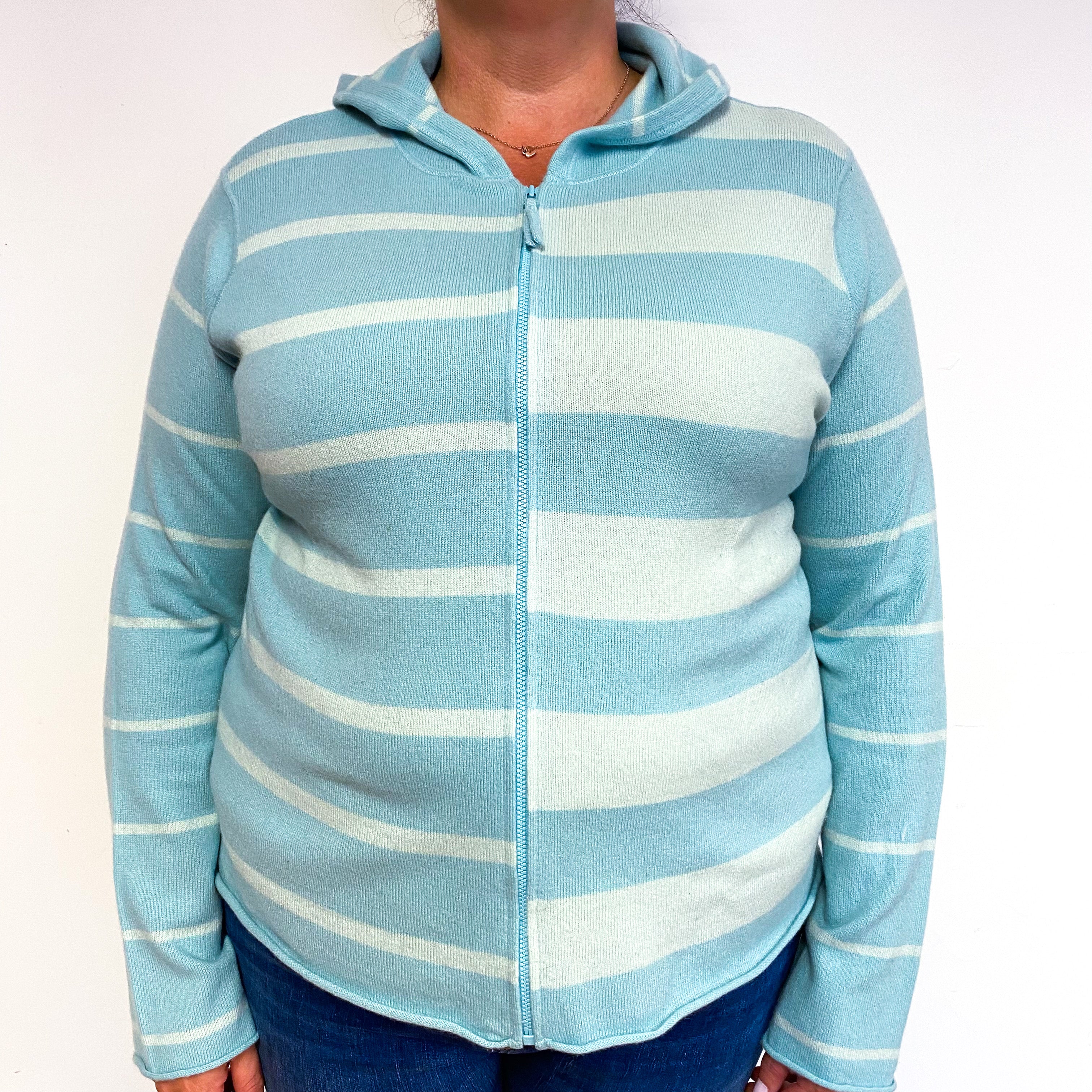 Mint Green Stripe Cashmere Zip Up Hoodie Extra Large