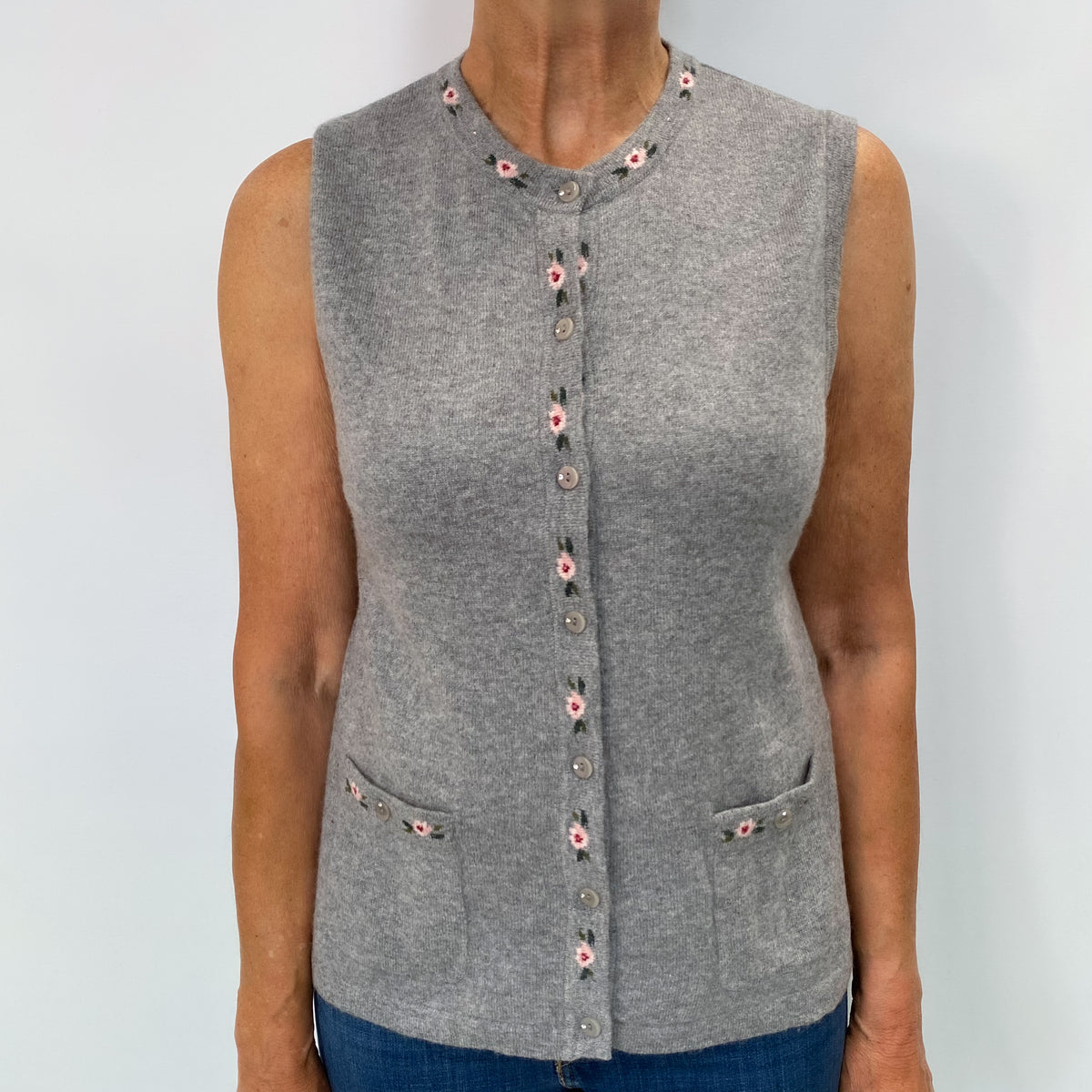 Ash Grey Cashmere Sleeveless Cardigan Medium