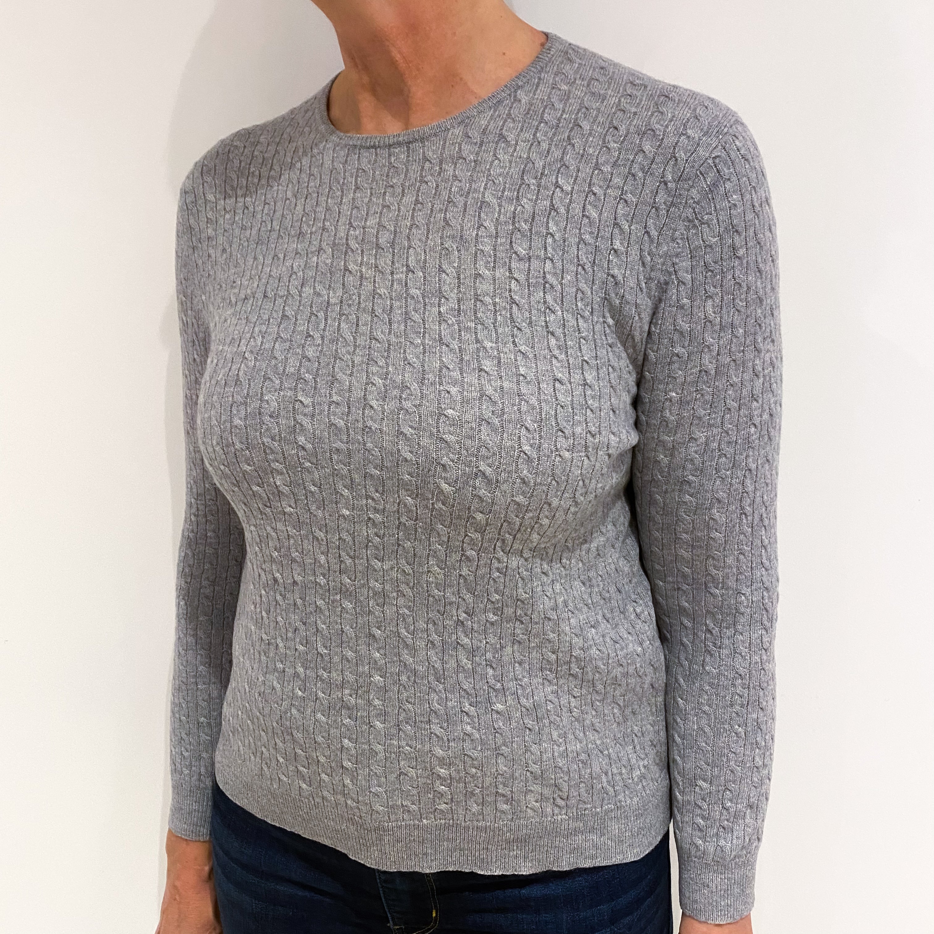 Smoke Grey Cable Cashmere Crew Neck Jumper Medium