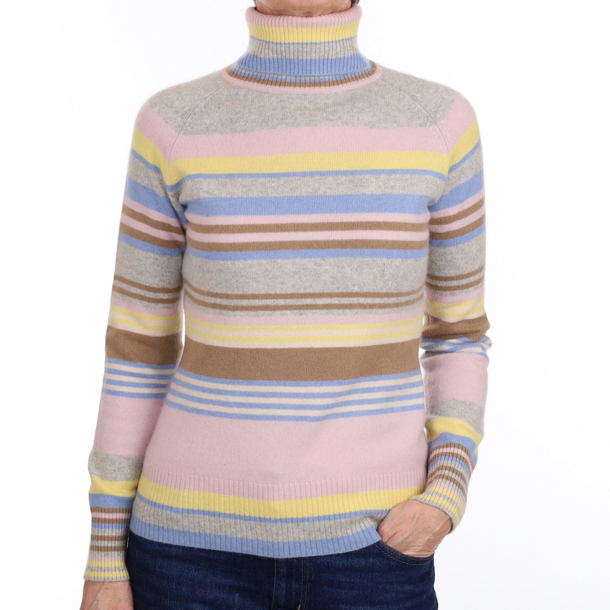 Grey Patel Stripe Cashmere Polo Neck Jumper Small