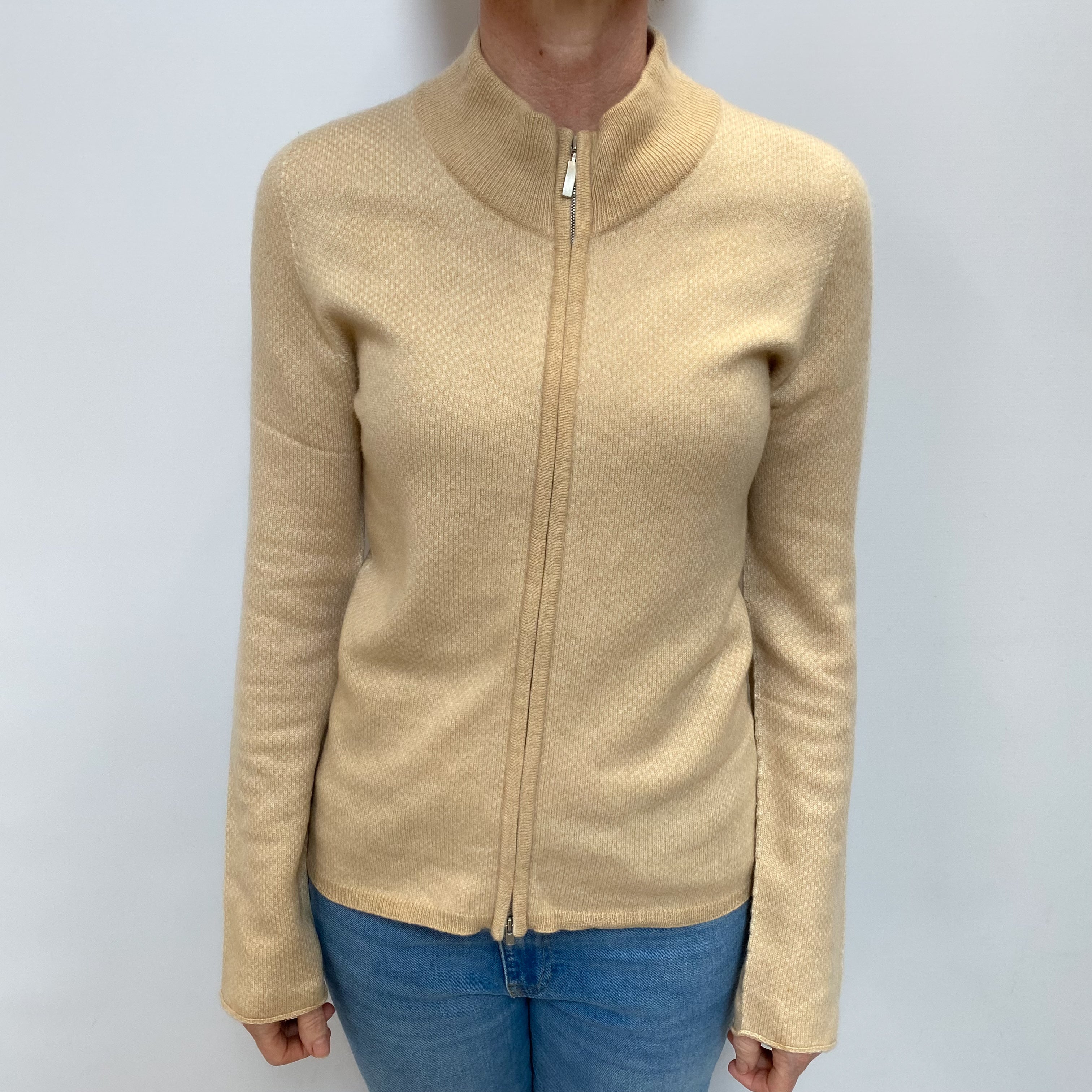 Beige Two Tone Cashmere Zip Up Cardigan Small