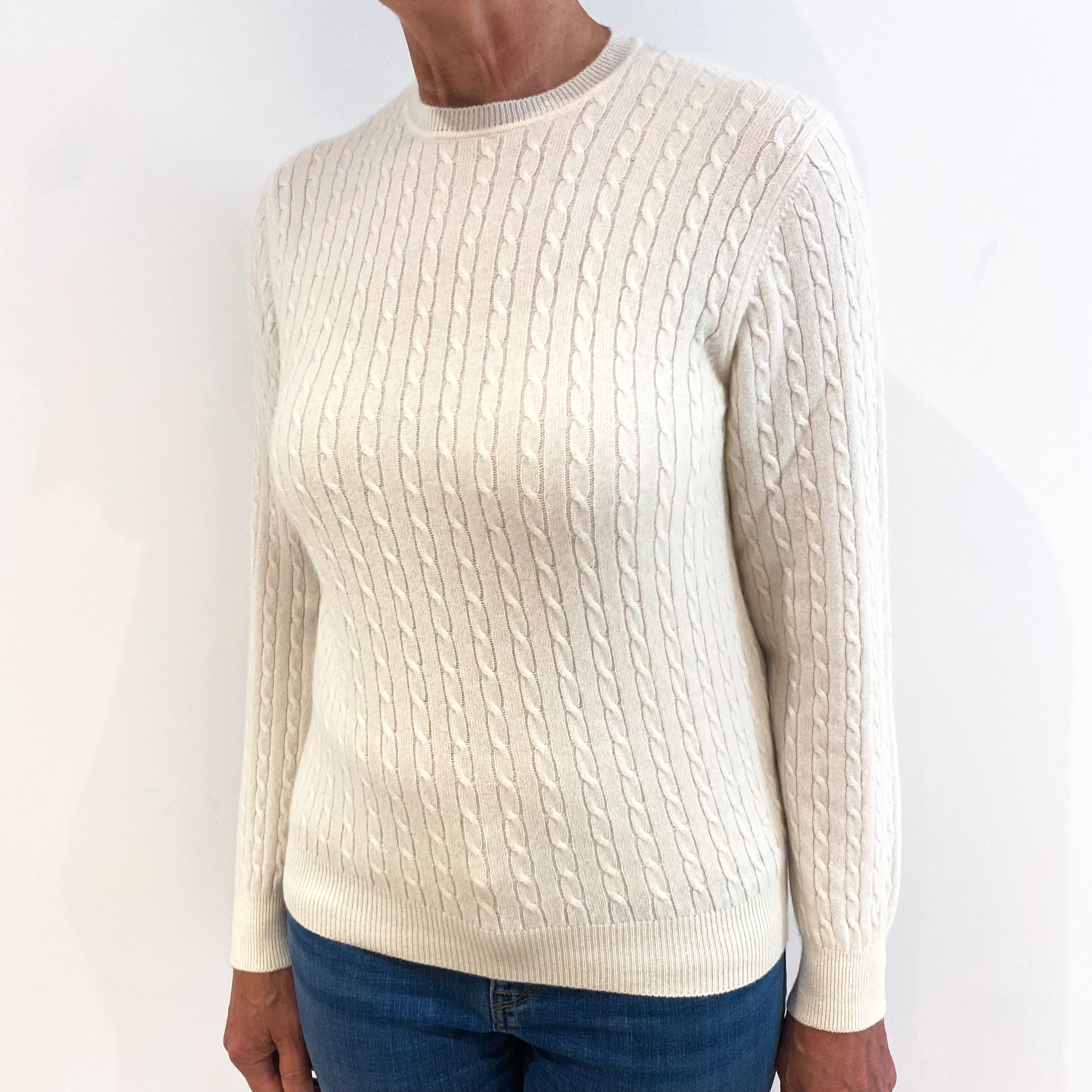 Cream Cable Knit Cashmere Crew Neck Jumper Medium