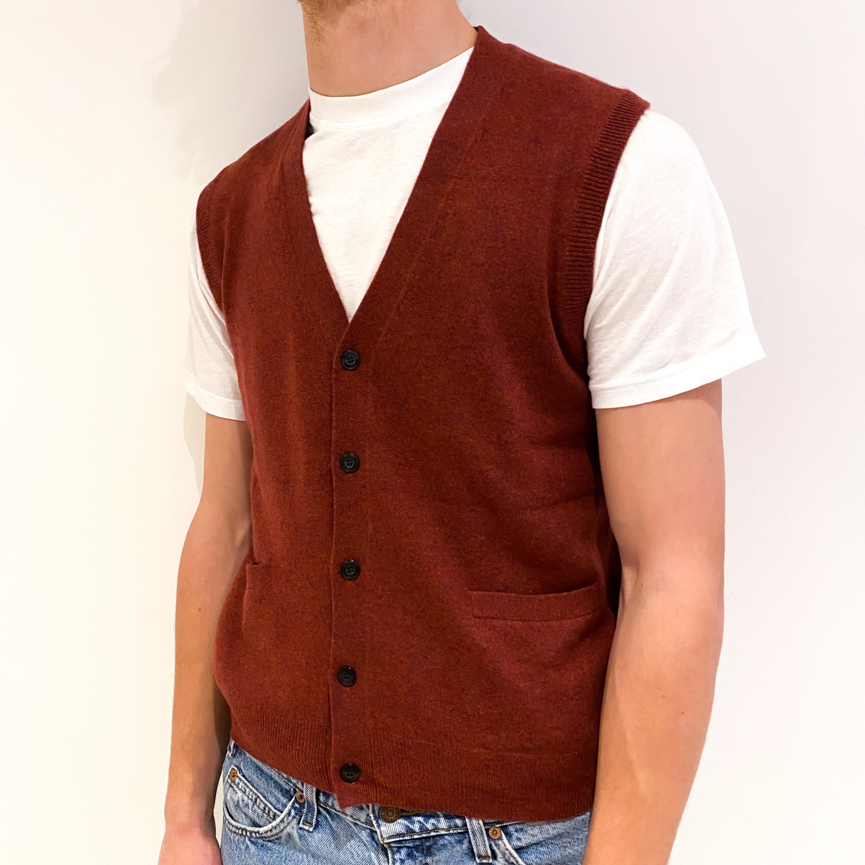 Men's Rust Red Cashmere Sleeveless V-Neck Cardigan Medium
