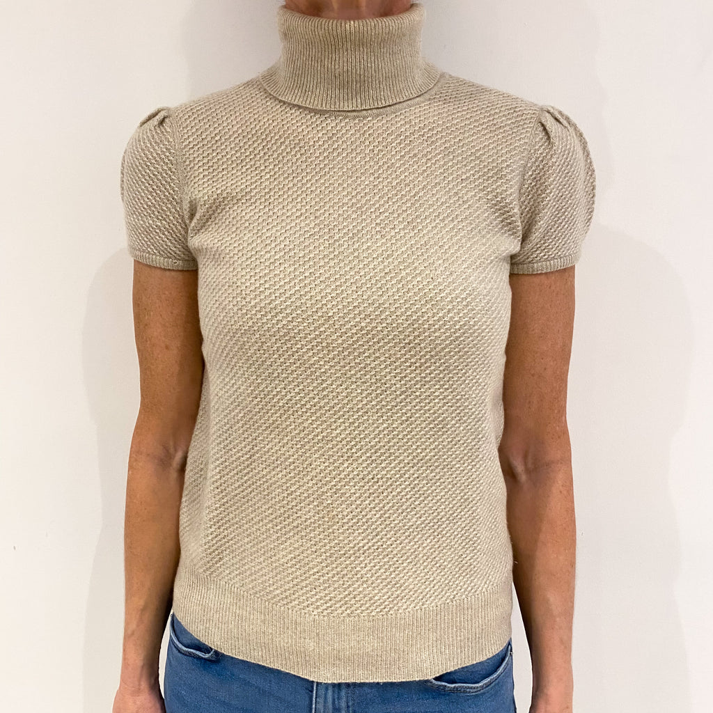 Oatmeal Beige Textured Cashmere Short Sleeve Polo Neck Jumper Small