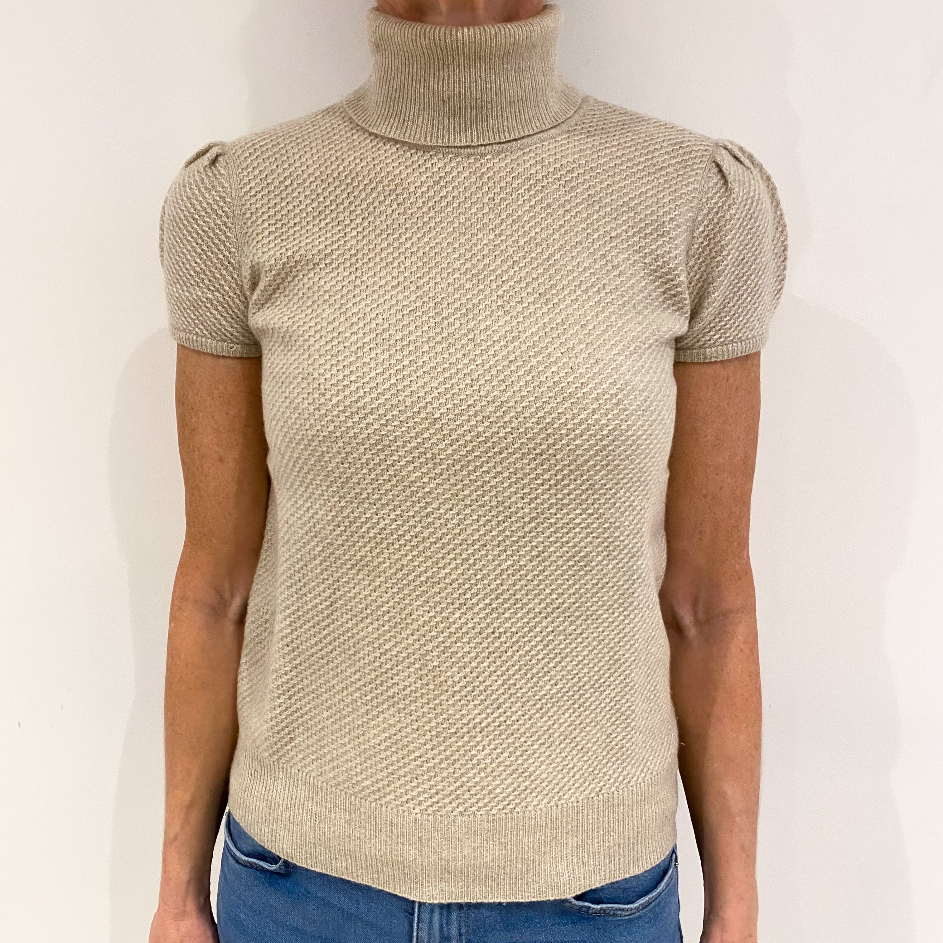 Oatmeal Beige Textured Cashmere Short Sleeve Polo Neck Jumper Small