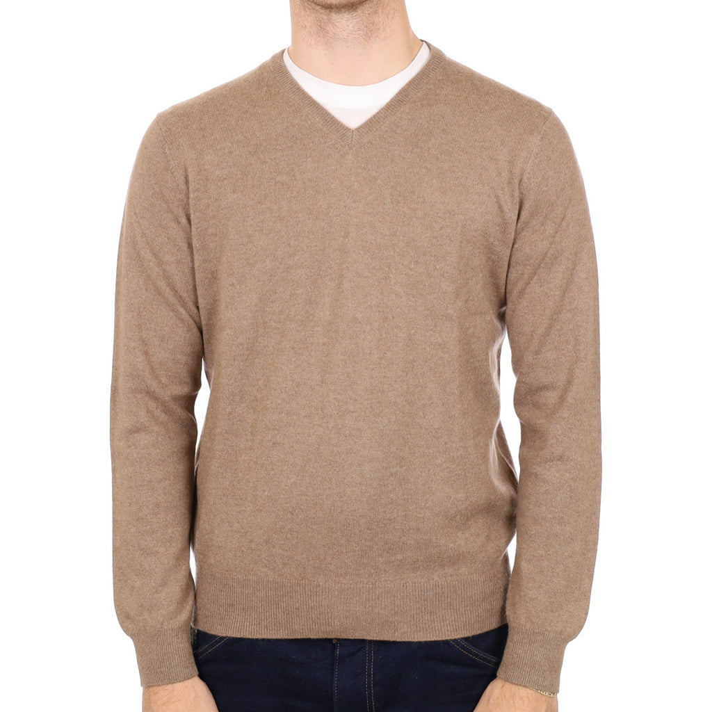 Men's Fudge Brown Cashmere V Neck Jumper Medium