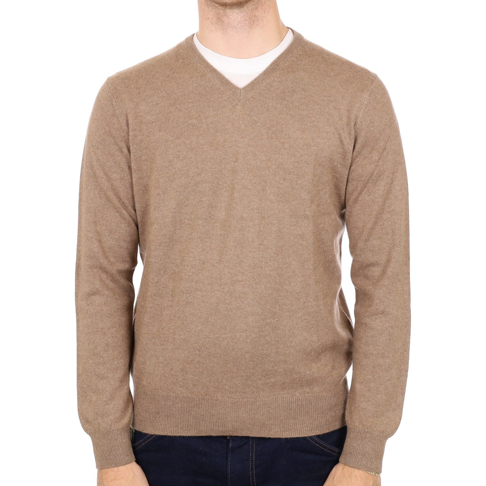 Men's Fudge Brown Cashmere V Neck Jumper Medium