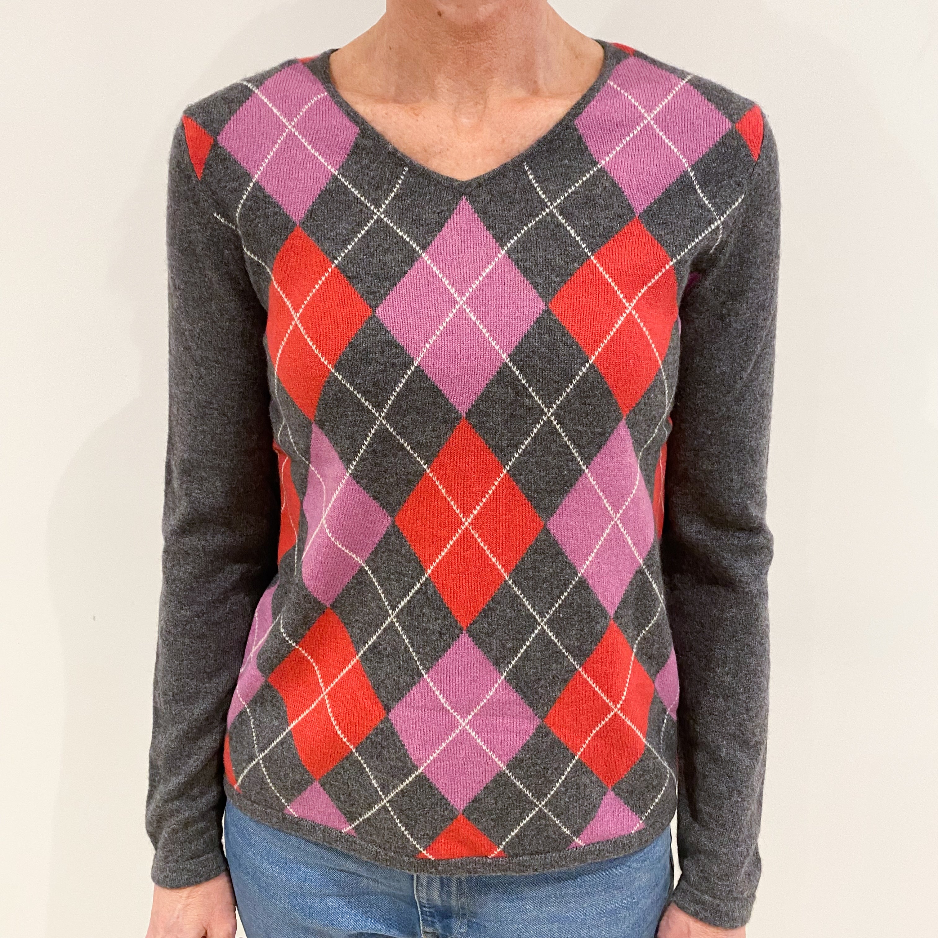 Slate Grey and Pink Diamond Cashmere V Neck Jumper Small