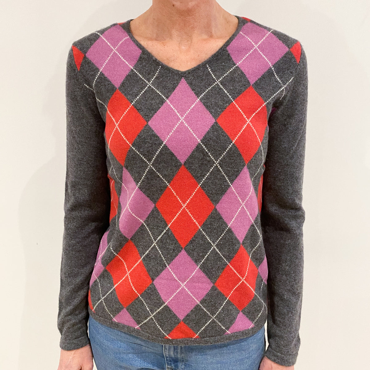 Slate Grey and Pink Diamond Cashmere V Neck Jumper Small