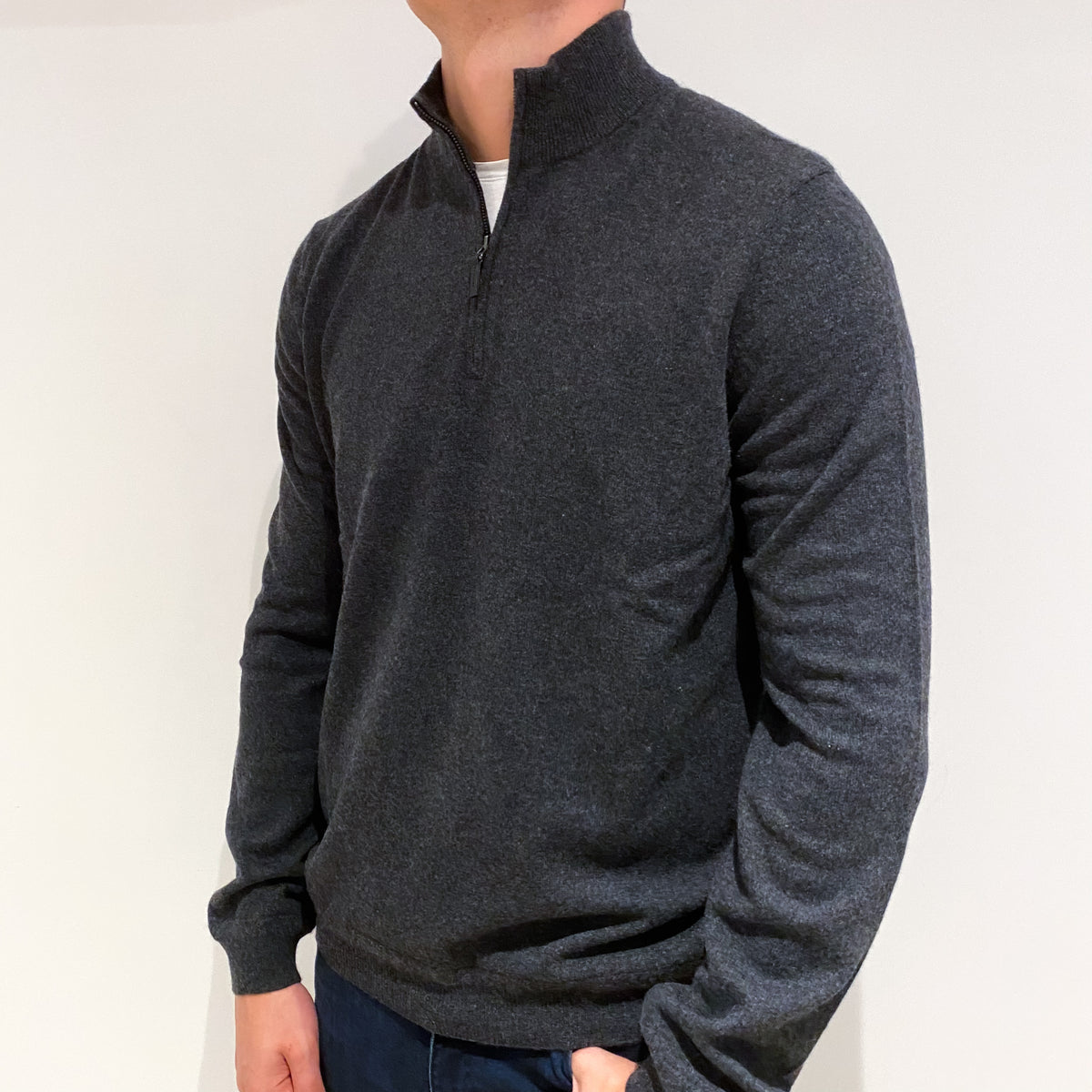 Men's Dark Grey Cashmere 1/4 Zip Jumper Extra Large