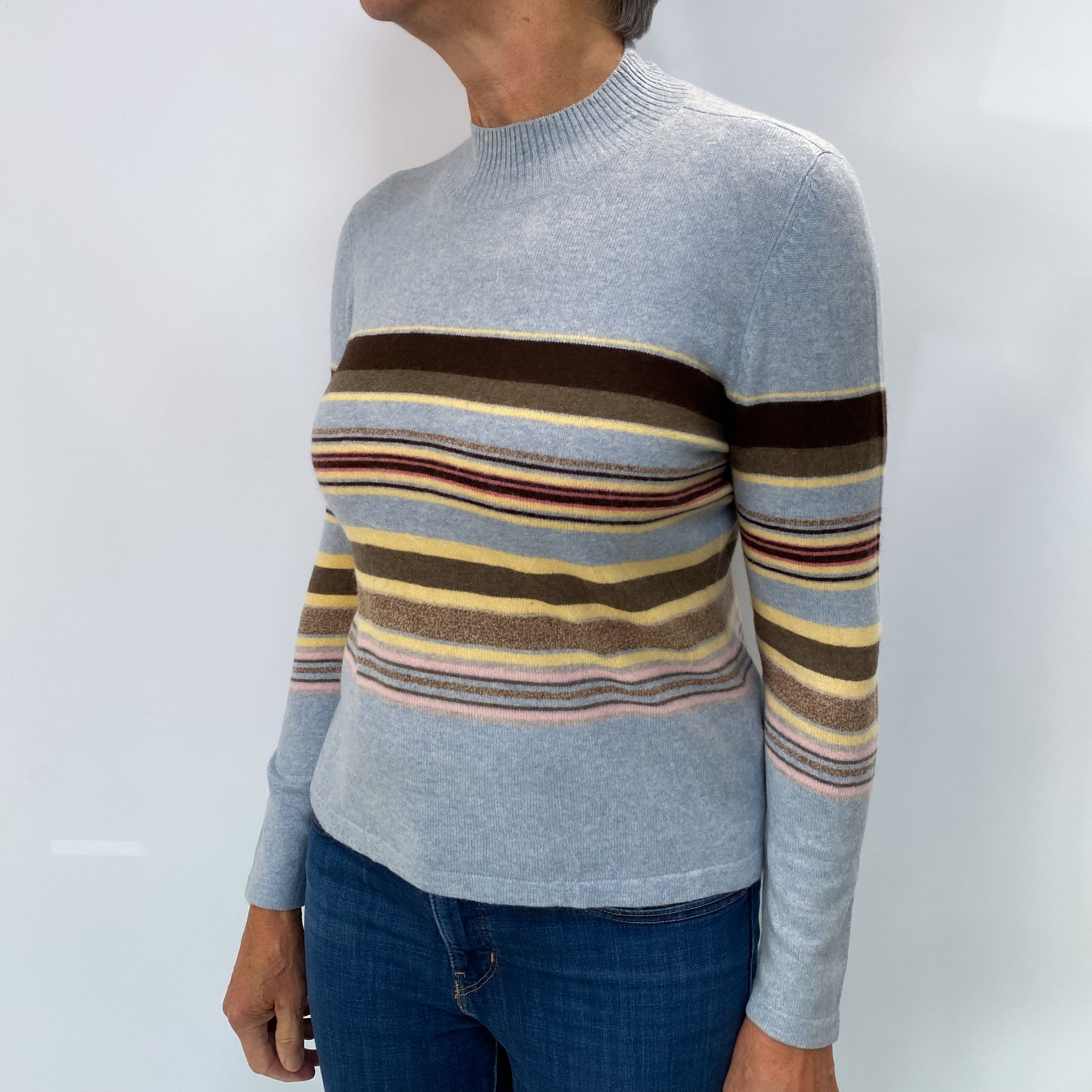 Blue Striped Cashmere Polo Neck Jumper Medium