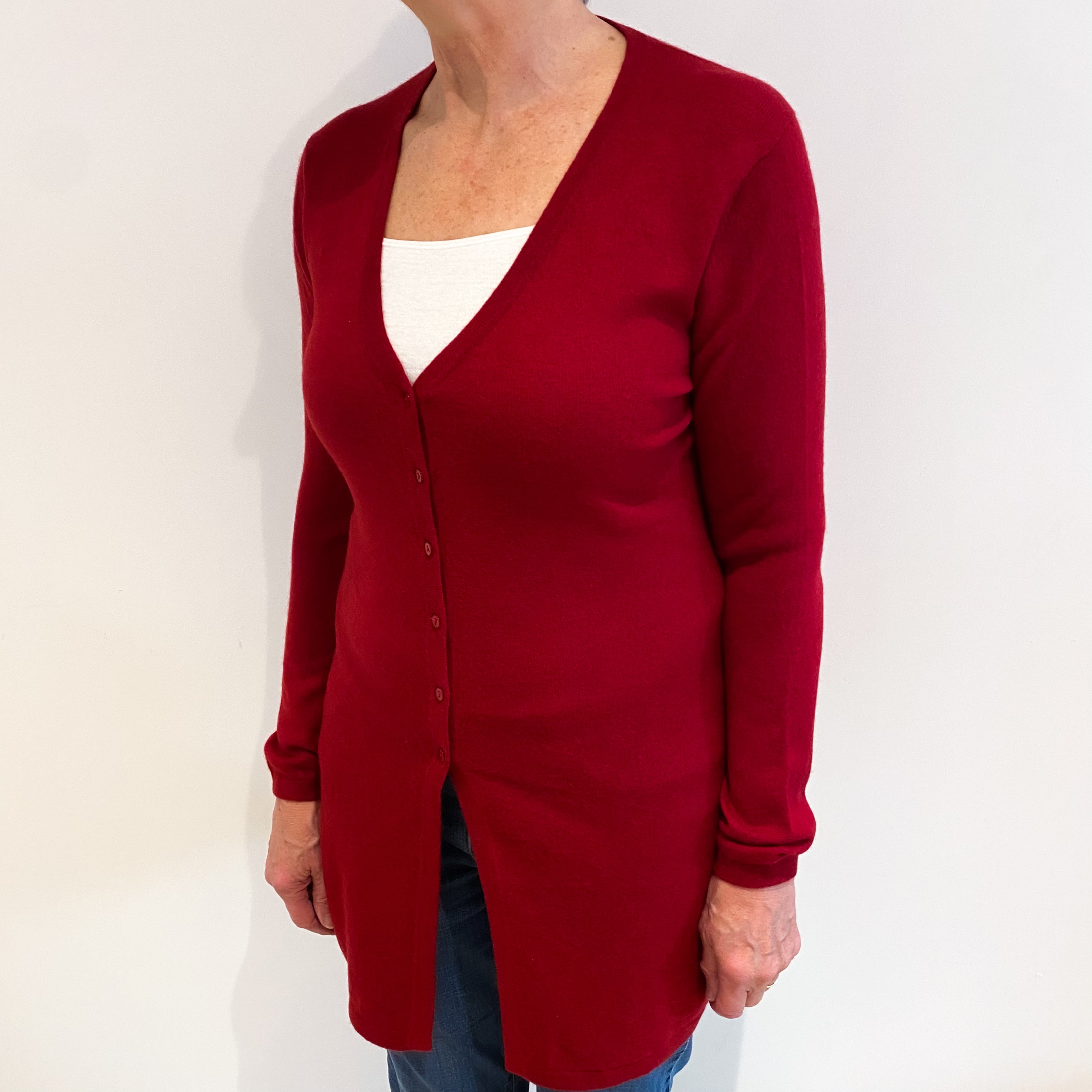 Crimson Red Cashmere Longline V Neck Cardigan Medium