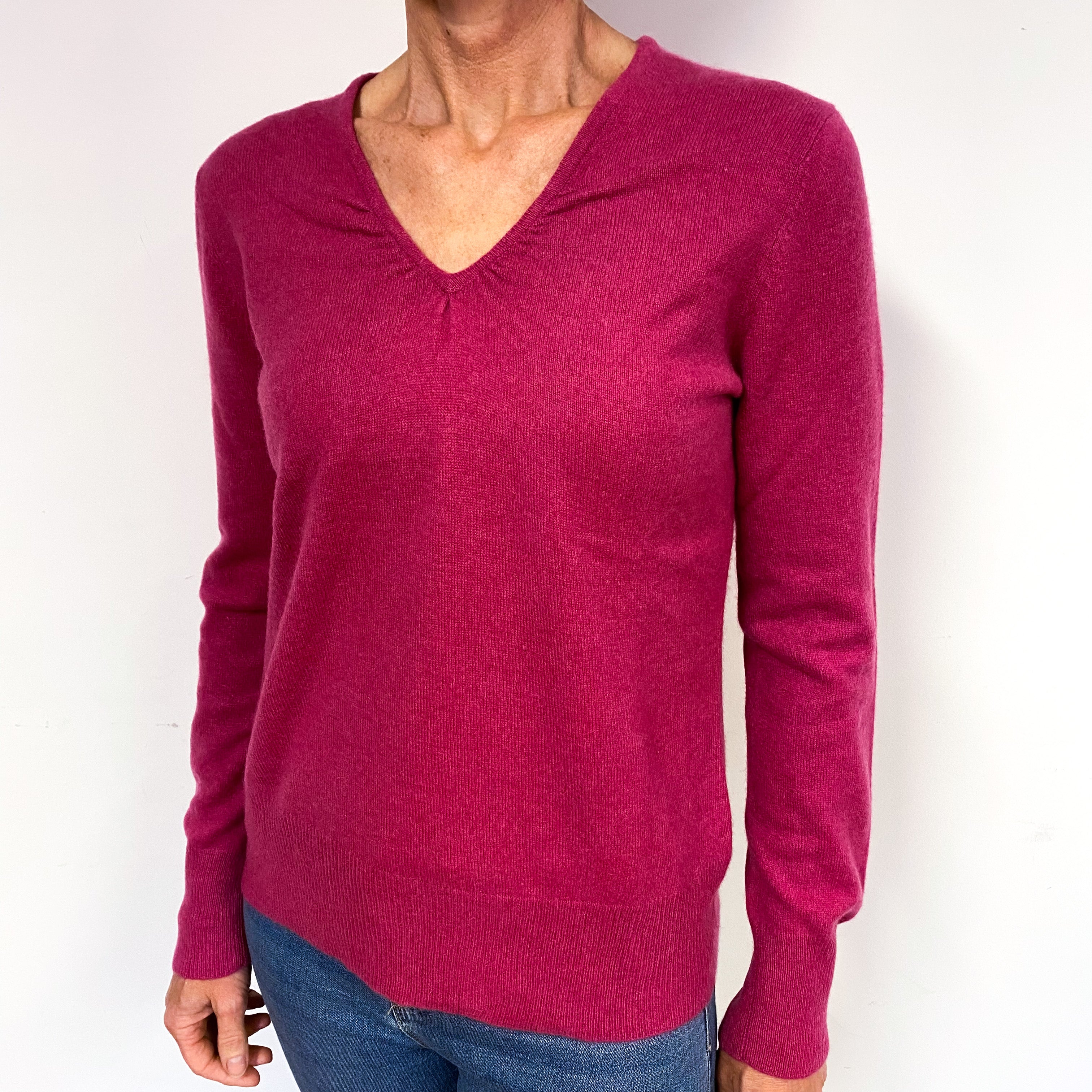 Raspberry Pink Cashmere Ruched V-Neck Jumper Medium