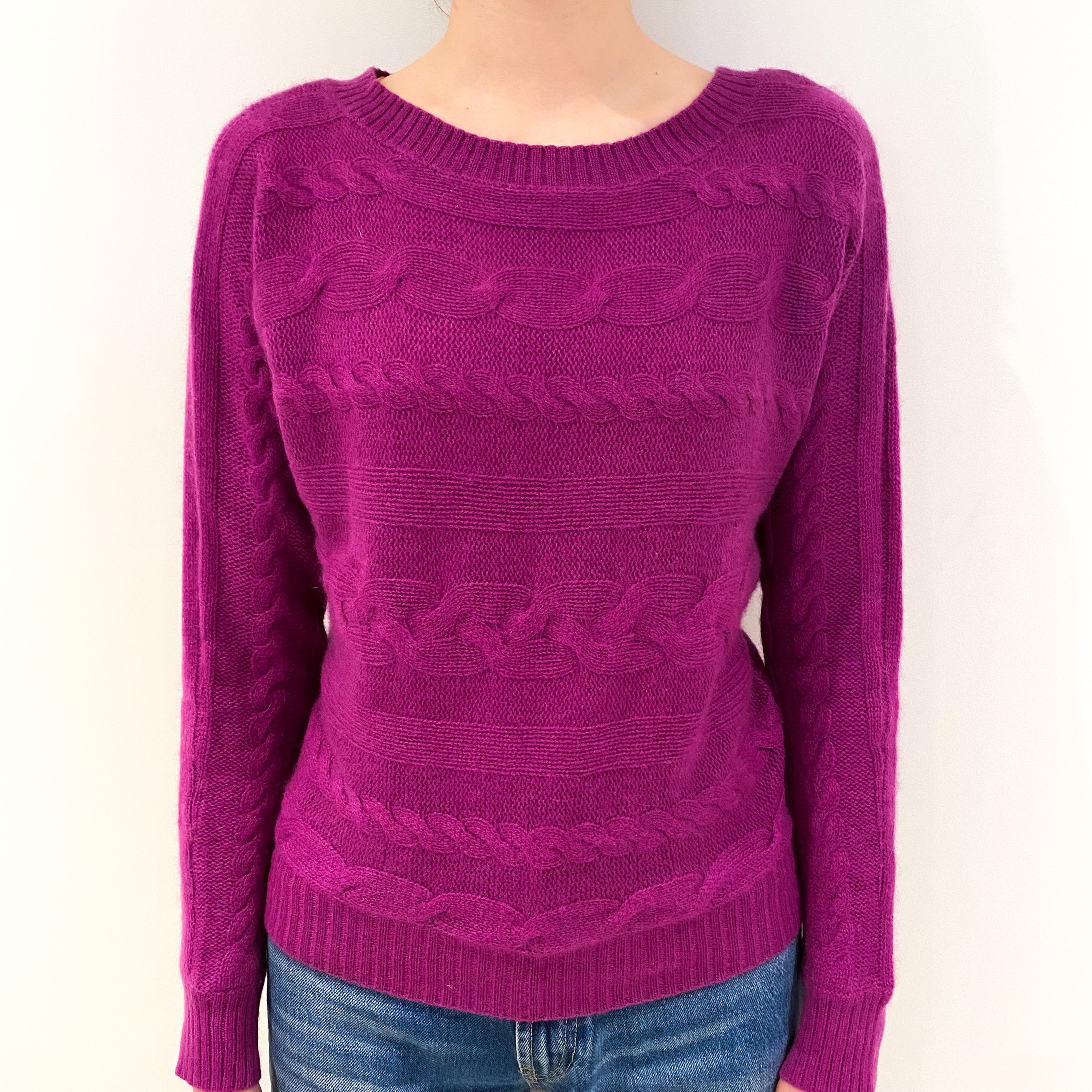 Magenta Pink Cable Knit Batwing Cashmere Crew Neck Jumper Extra Small