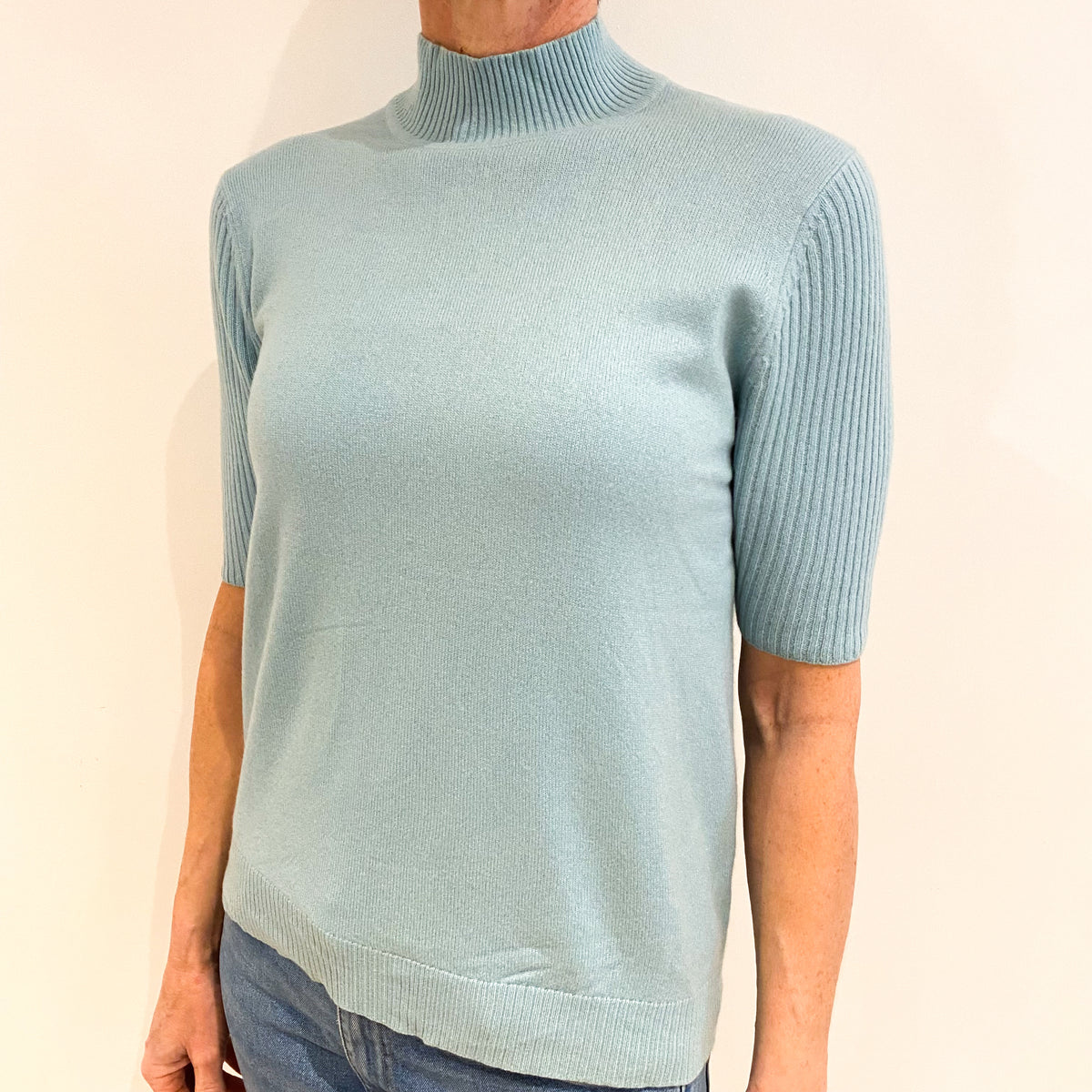 Opal Blue Cashmere Turtle Neck Short Sleeved Jumper Small