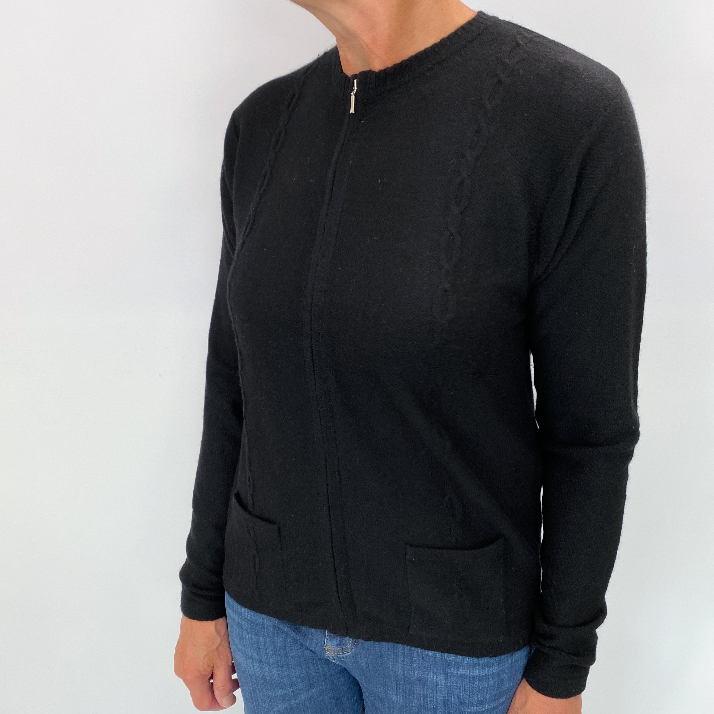 Black Cashmere Crew Neck Zip-Up Medium