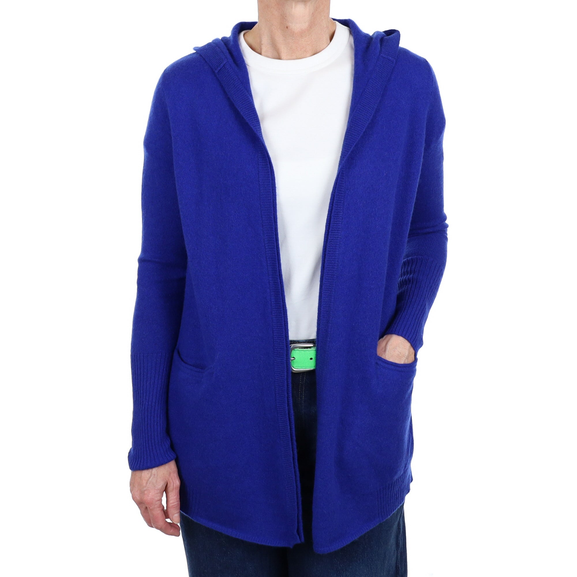Cobalt Blue Cashmere Hooded Edge To Edge Cardigan Small