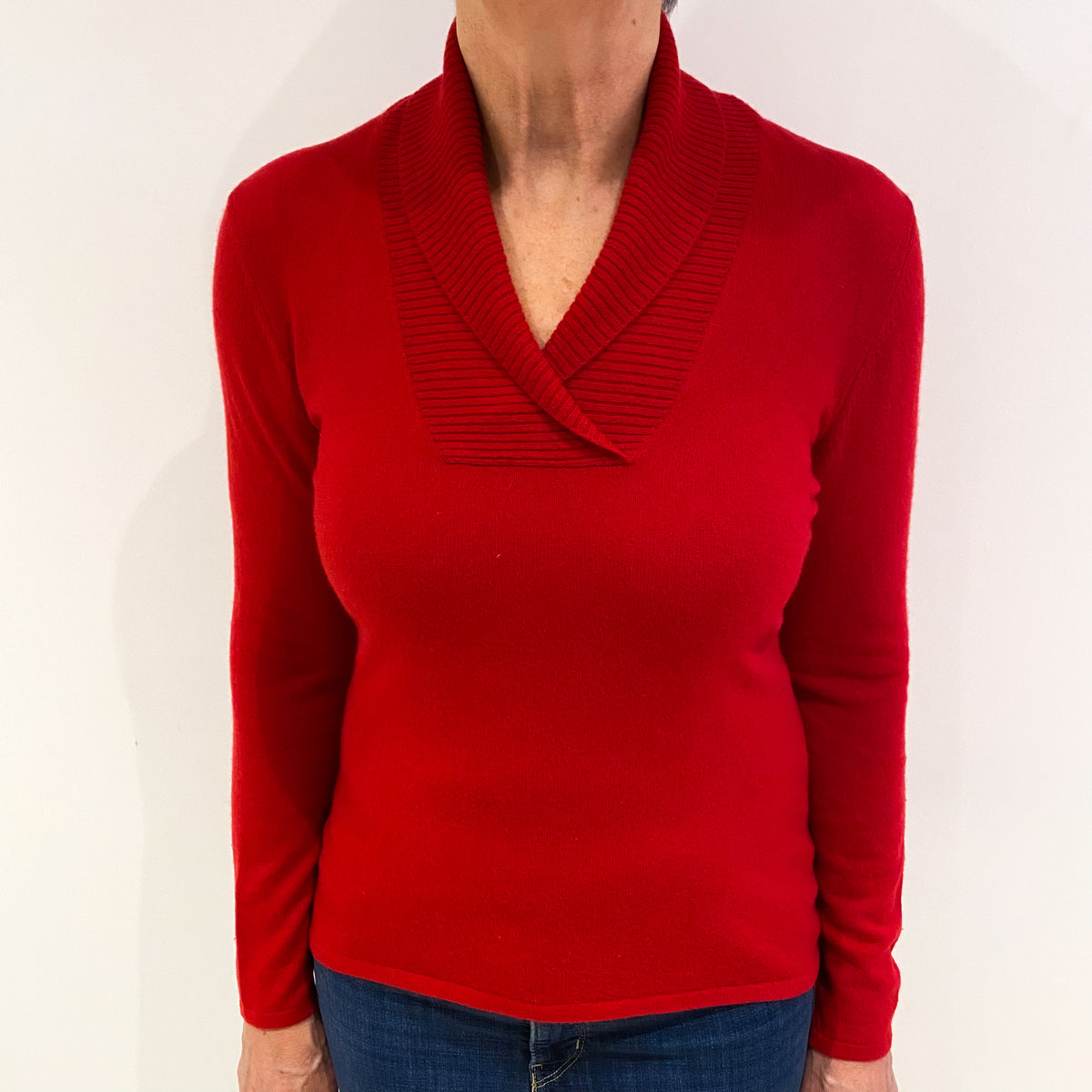 Scarlett Red Cashmere V Neck Jumper with Shawl Collar Medium